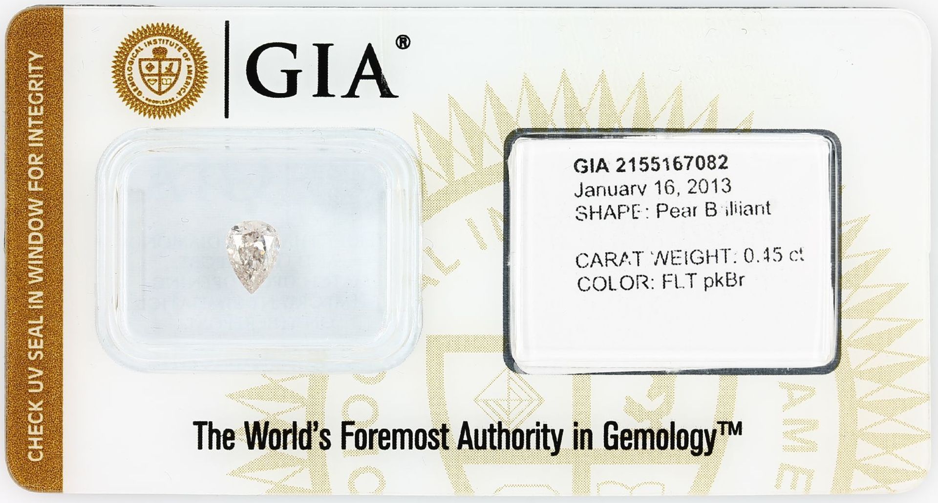 Sealed diamond pear, 0.45 ct, natural, Fancy Light Pinkish Brown, GIA expertise Valuation Price: