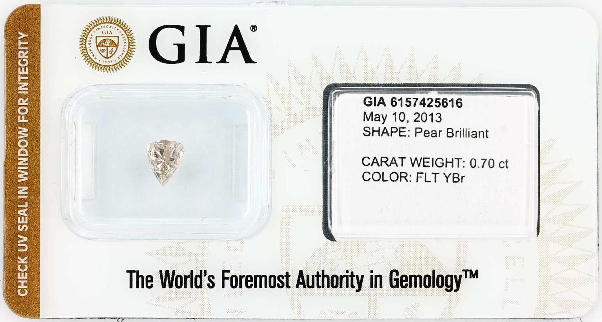 Sealed diamond-pear 0.70 ct, Natural, Fancy Light Yellow-Brown, GIA expertise Valuation Price: 1610,