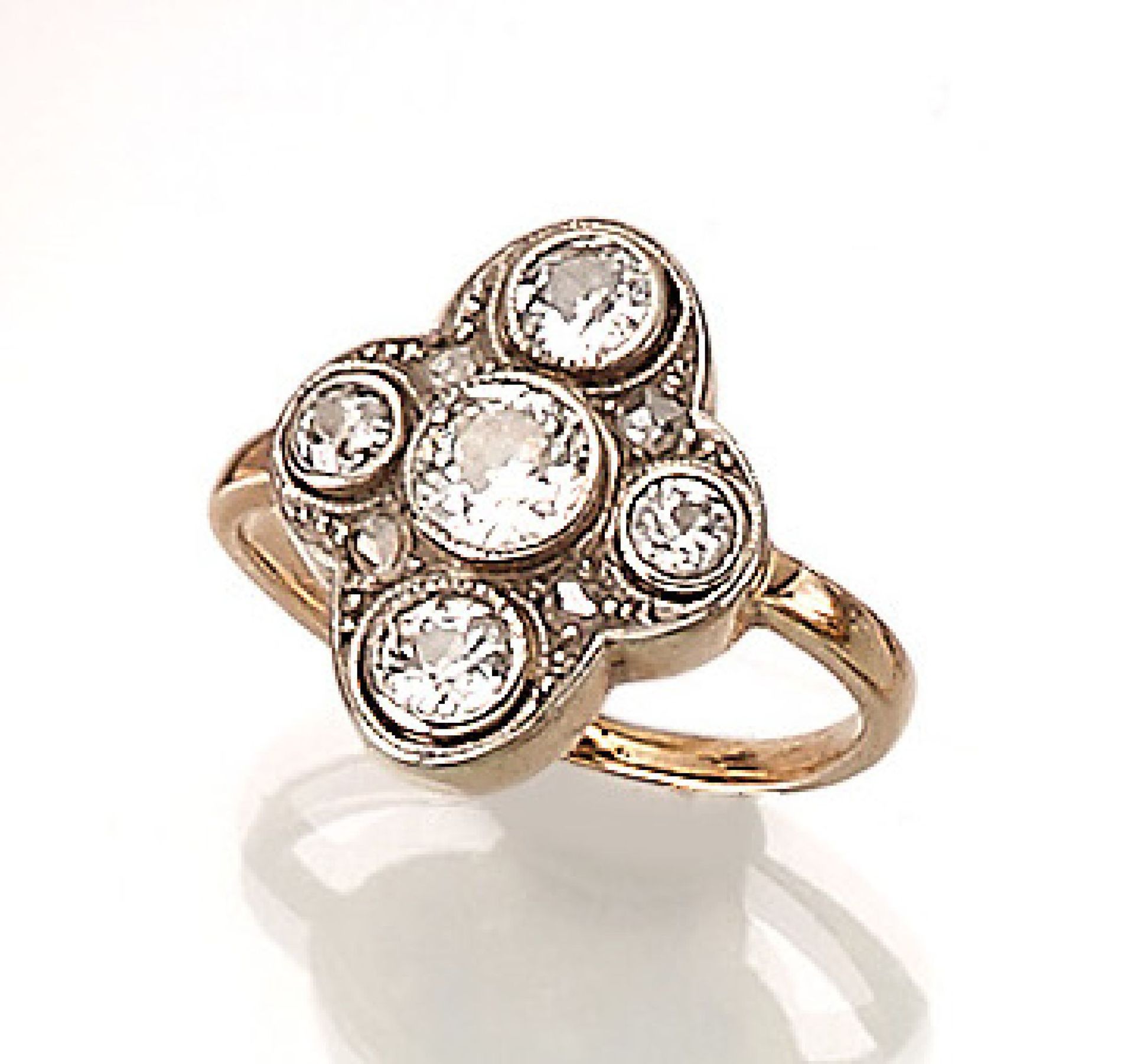 Ring with diamonds, approx. 1895 , YG 585/000 and platinum, centered old cut diamondapprox. 0.33
