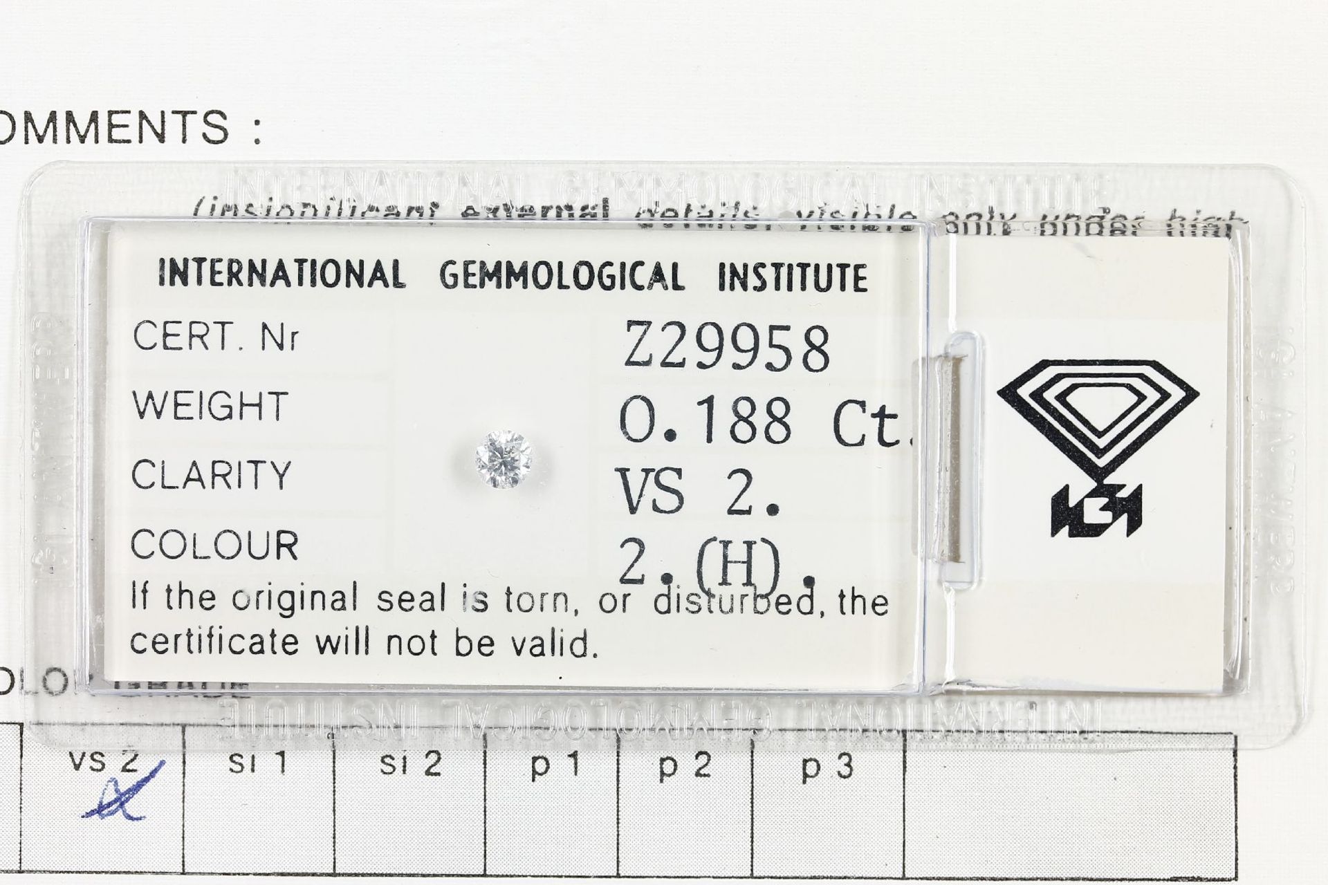 Loose brilliant , approx. 0.188 ct, Wesselton/vs 2, with IGI-certificate, sealedLoser Brillant,