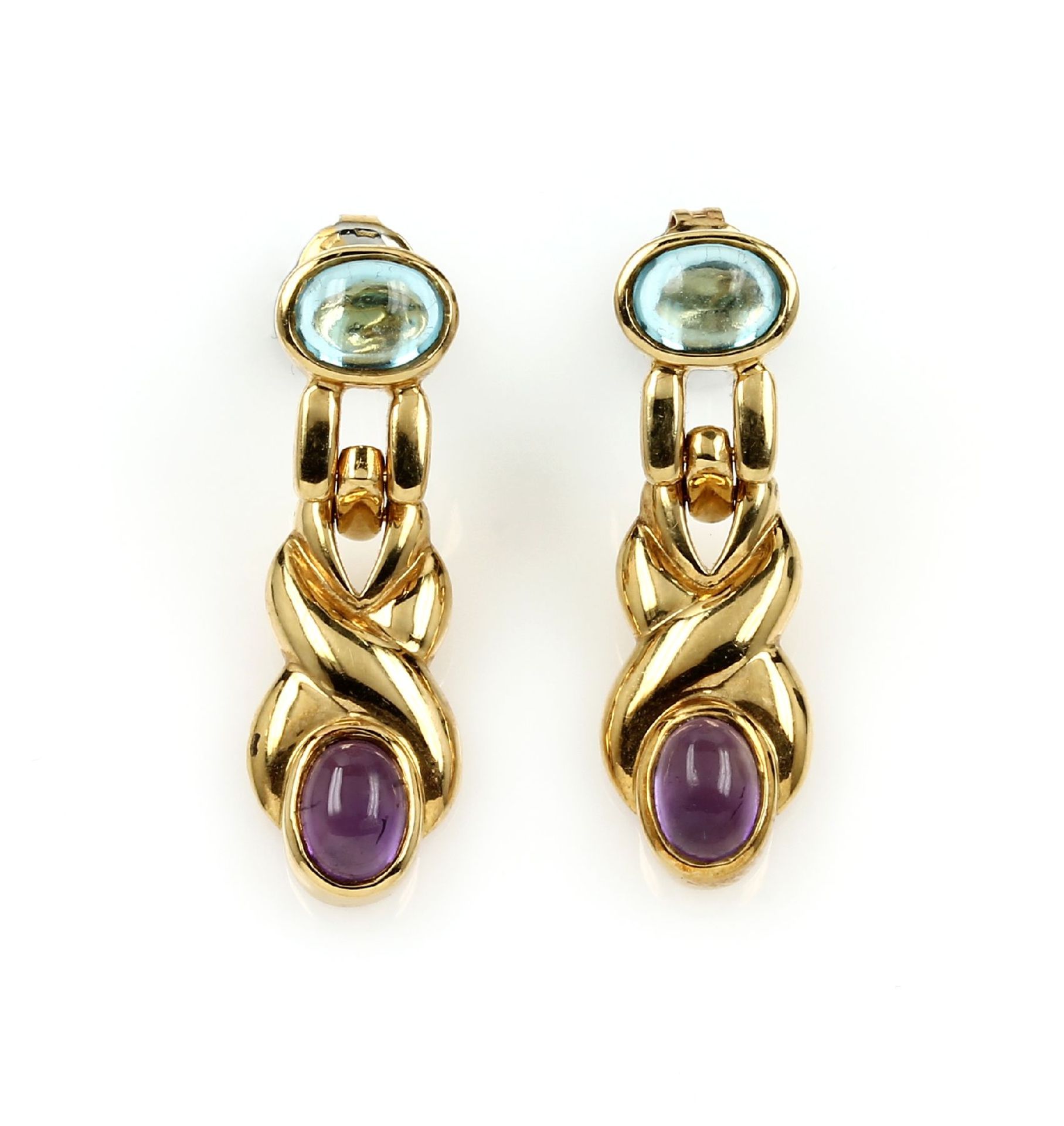 Pair of 18 kt gold earrings with coloured stones , YG 750/000, movable, each 1 oval blue topaz