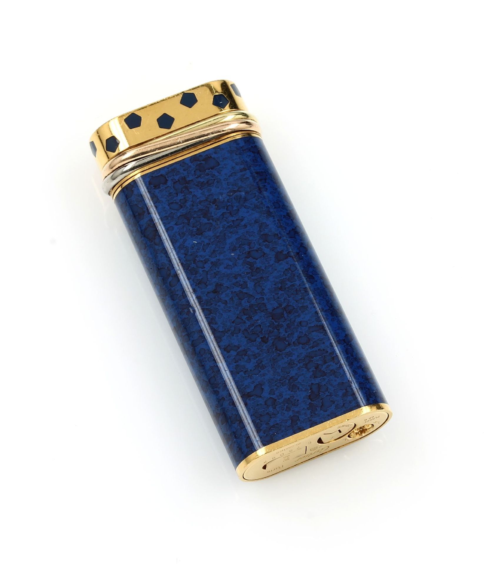 CARTIER lighter, metal gilded , blue, struct. china lacquer, typ. tricolor-decor, signs of