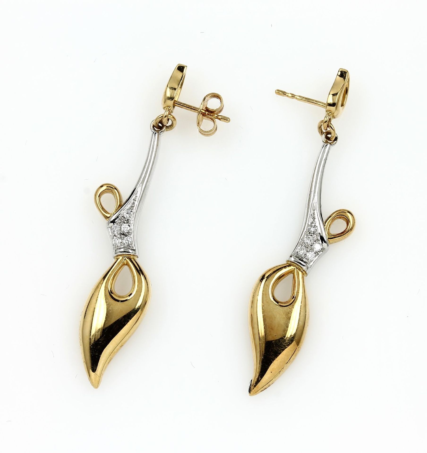 Pair of 18 kt gold COLANI earrings with brilliants , YG/WG 750/000, unusual design, brilliants total