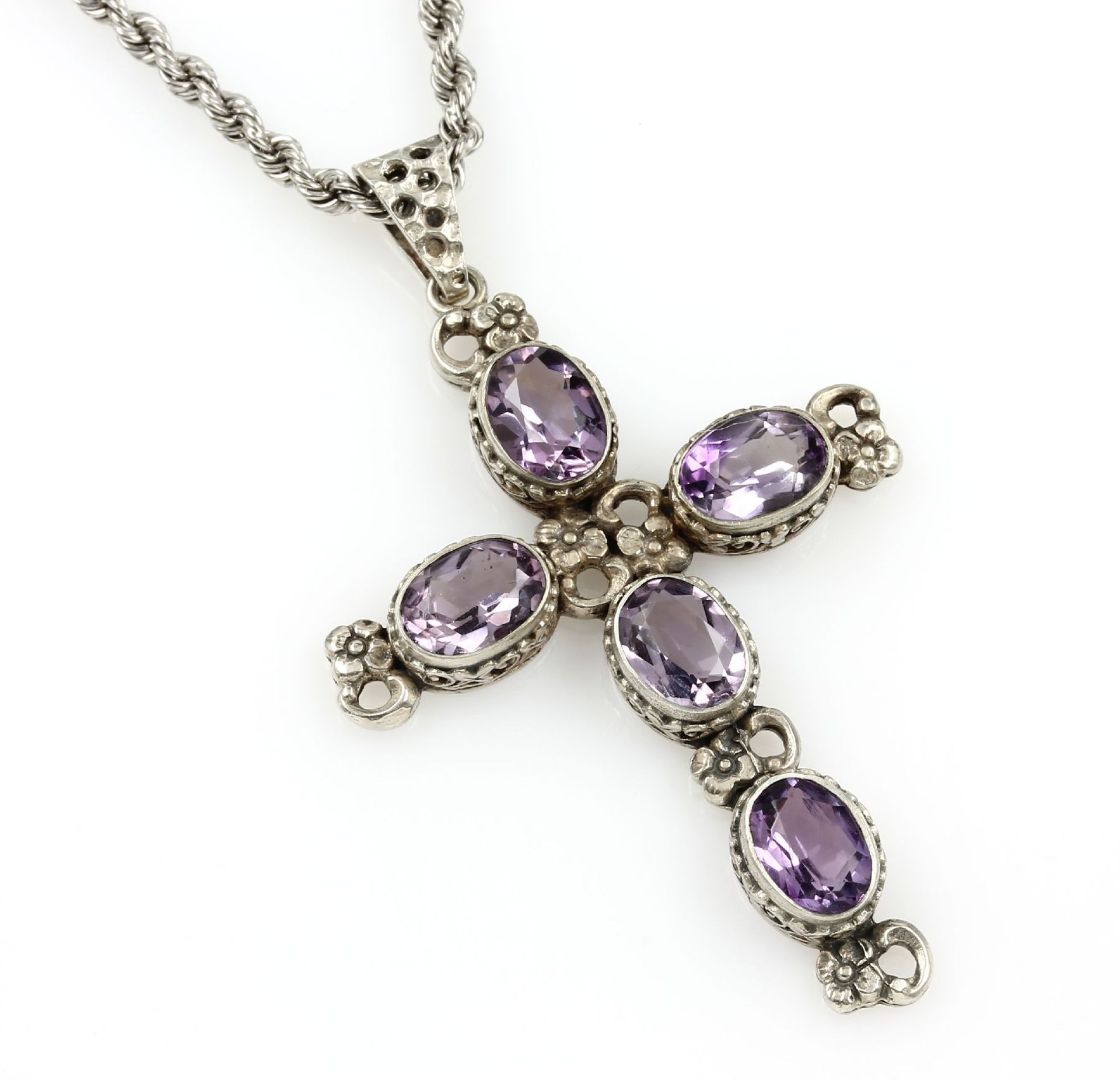 Crosspendant with amethysts , 935 silver, chain silver 835, 5 oval bevelled amethysts, floral