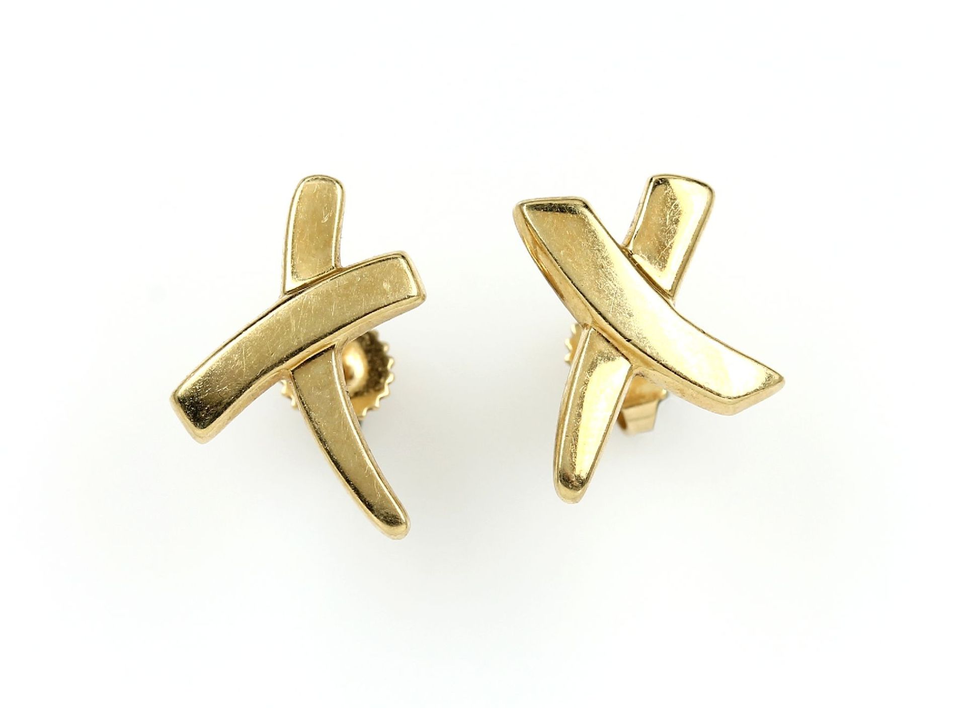 Pair of 18 kt gold TIFFANY & CO. earrings "Cross" , YG 750/000, polished, signed, Paloma Picasso for