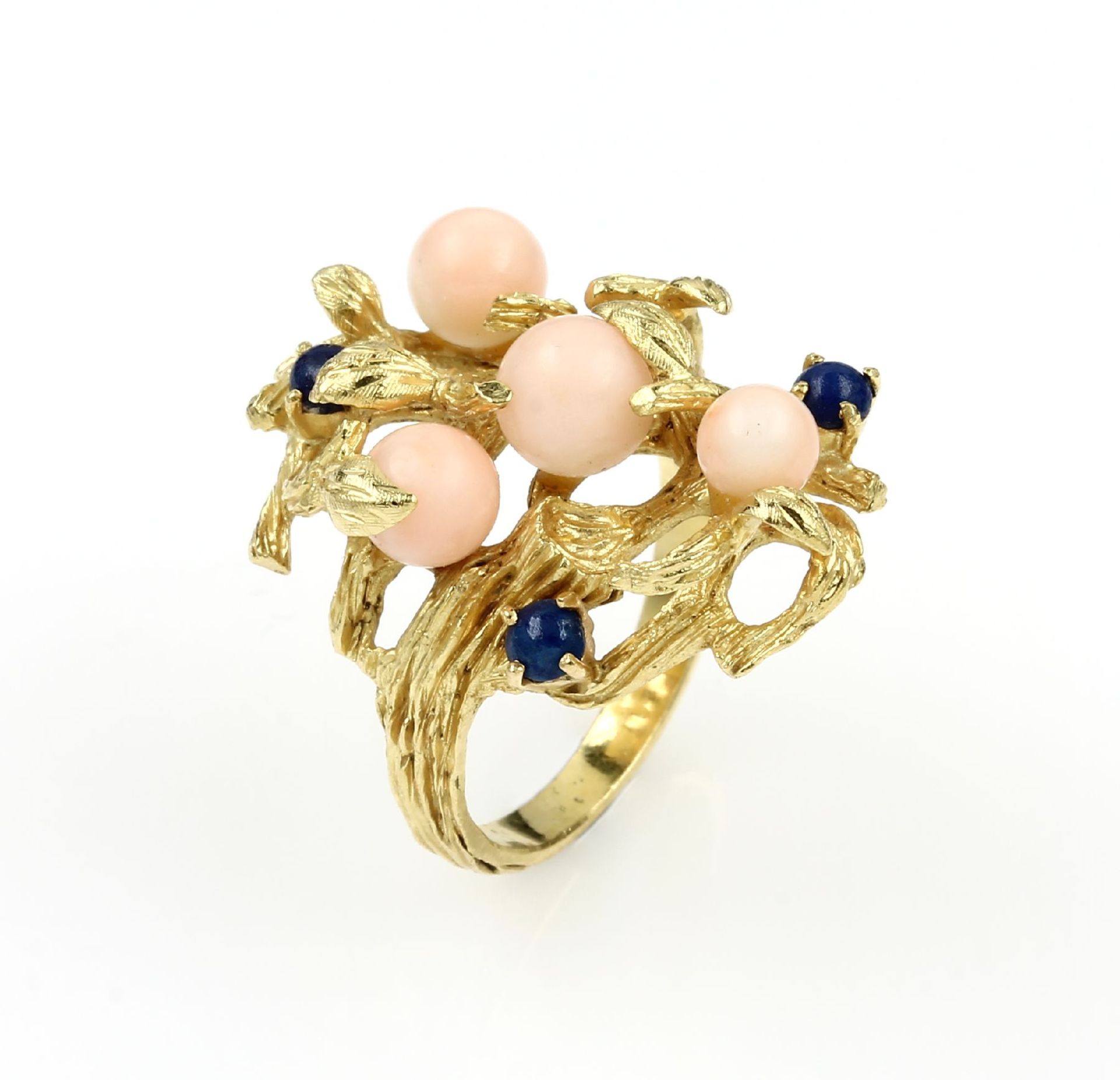 18 kt gold ring with coral and lapis lazuli , YG 750/000, struct., 4 angel skin coral spheres, diam.