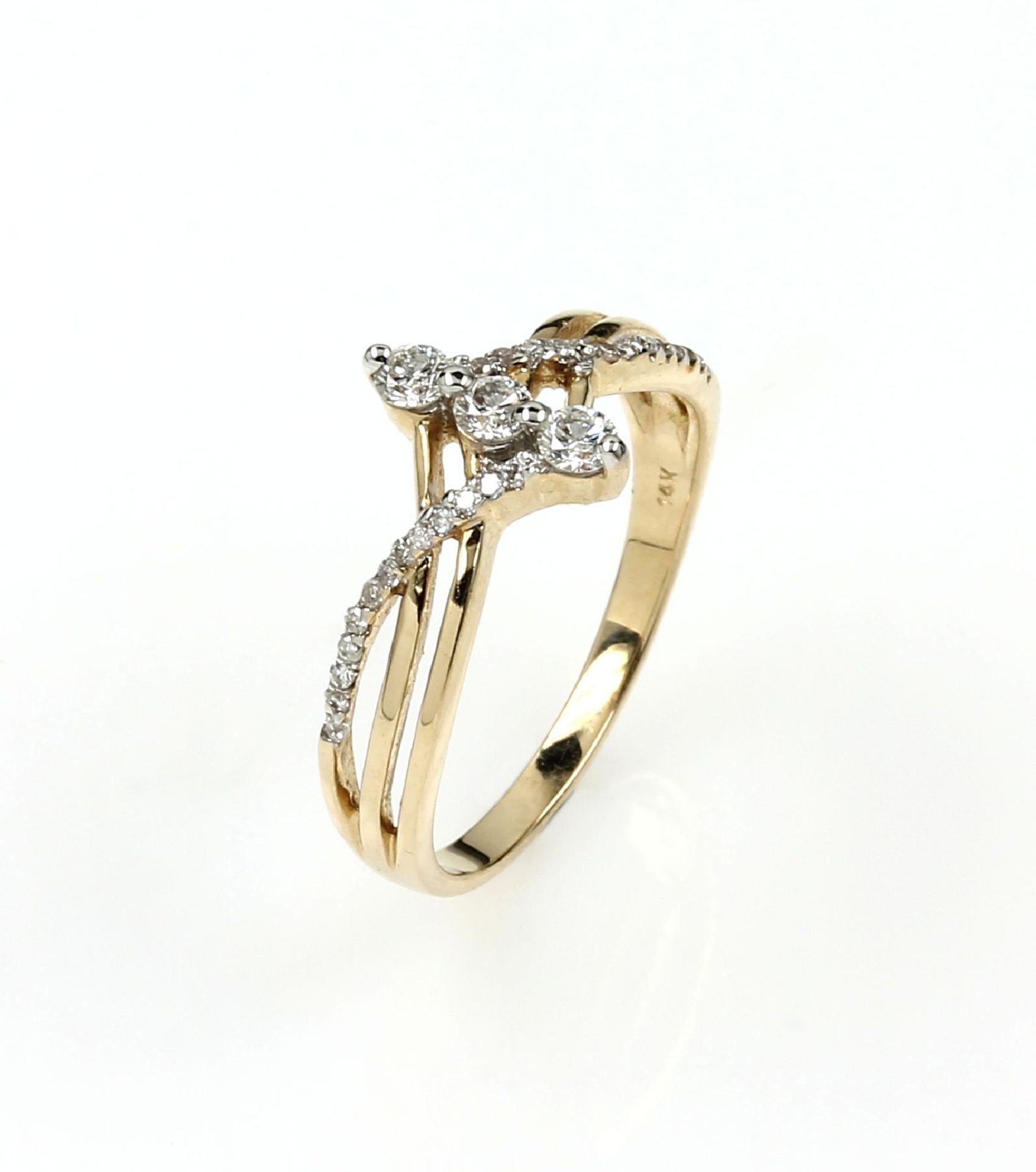 14 kt gold ring with diamonds , YG 585/000, 3 brilliants and 26 8/8-diamonds total approx.0.22 ct