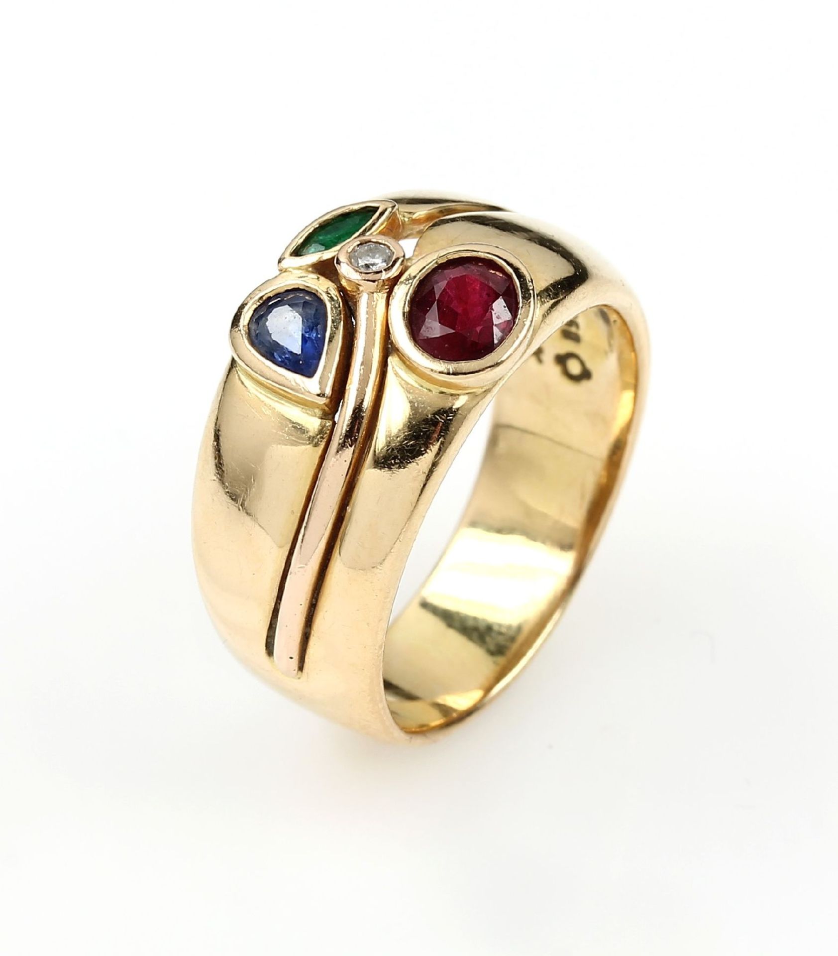 18 kt gold CADEAUX ring with coloured stones and brilliant , YG 750/000, 1 small brilliant approx.