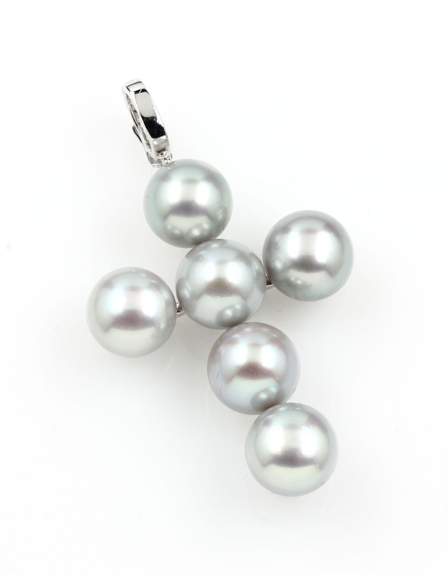 14 kt gold crosspendant with tahitian pearls , WG 585/000, light grey cultured tahitian pearls,