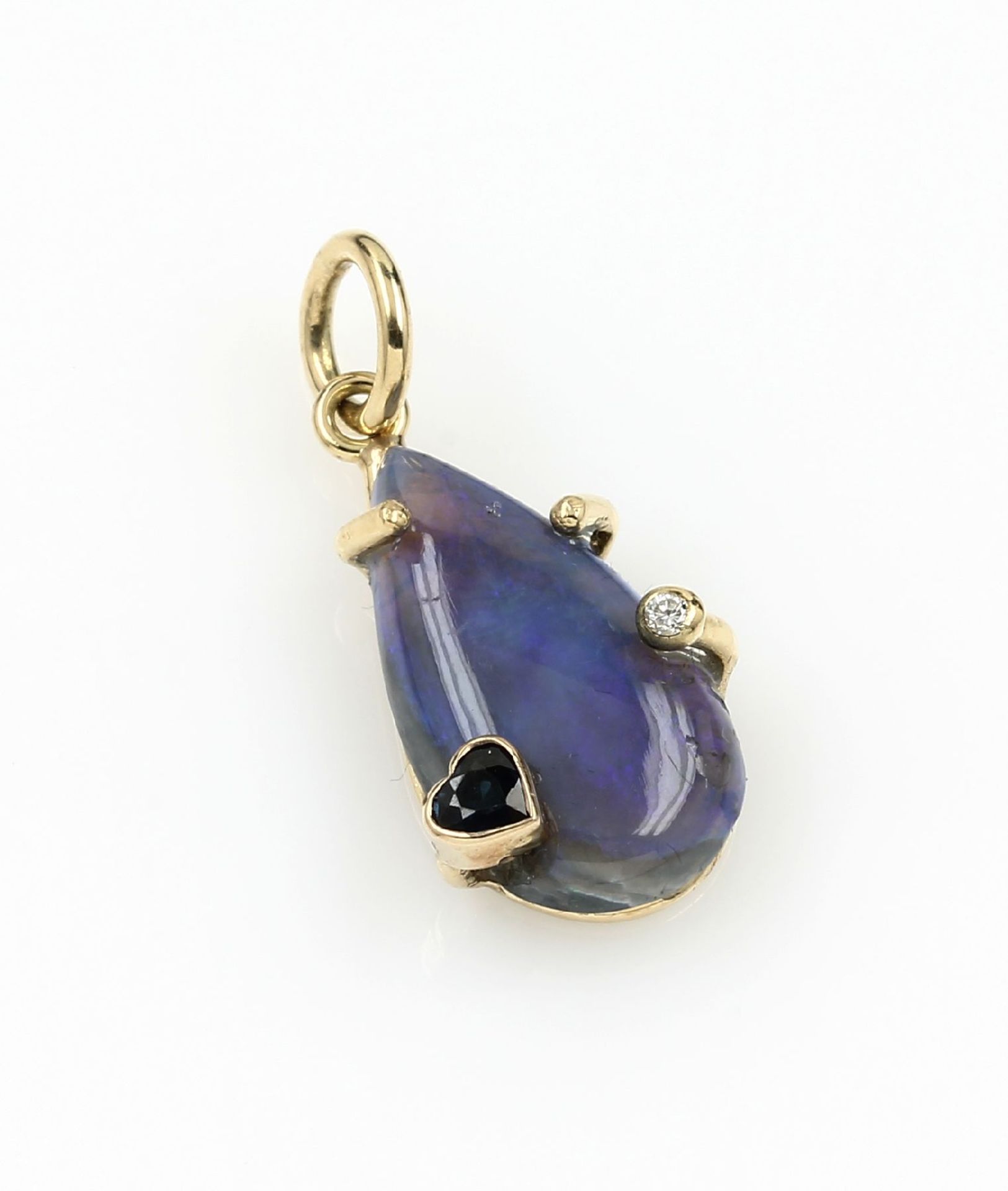 14 kt gold pendant with opal, diamond and sapphire , YG 585/000, centered pearformed opalcabochon