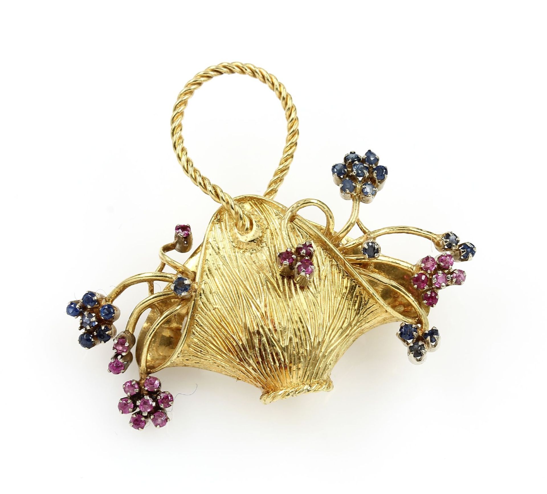 18 kt gold brooch with coloured stones , "flower basket", YG 750/000, surface struct., bevelled