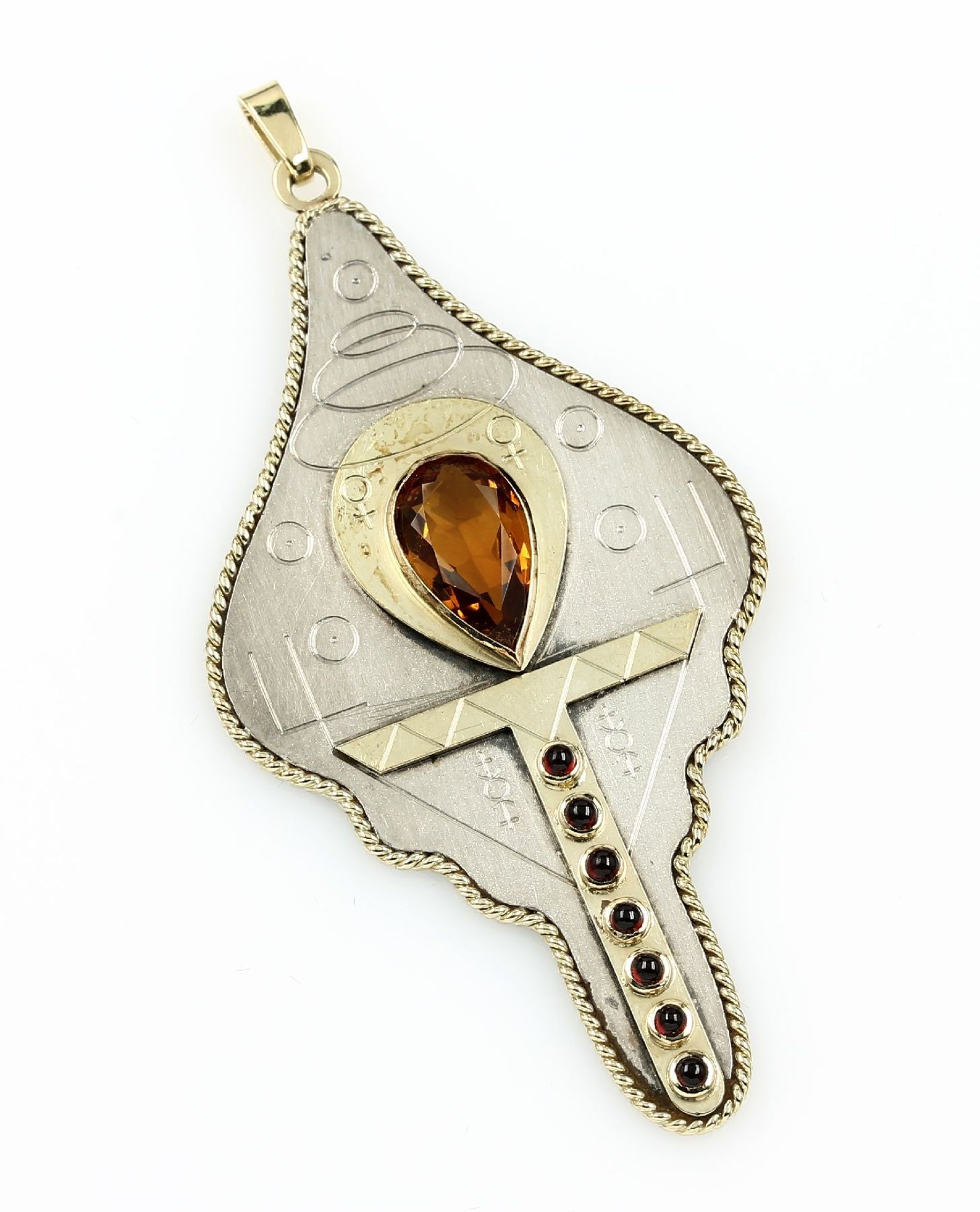 Extraordinary pendant, german 1970s , silver/YG, pear shaped topaz sharpened, representation of typ.