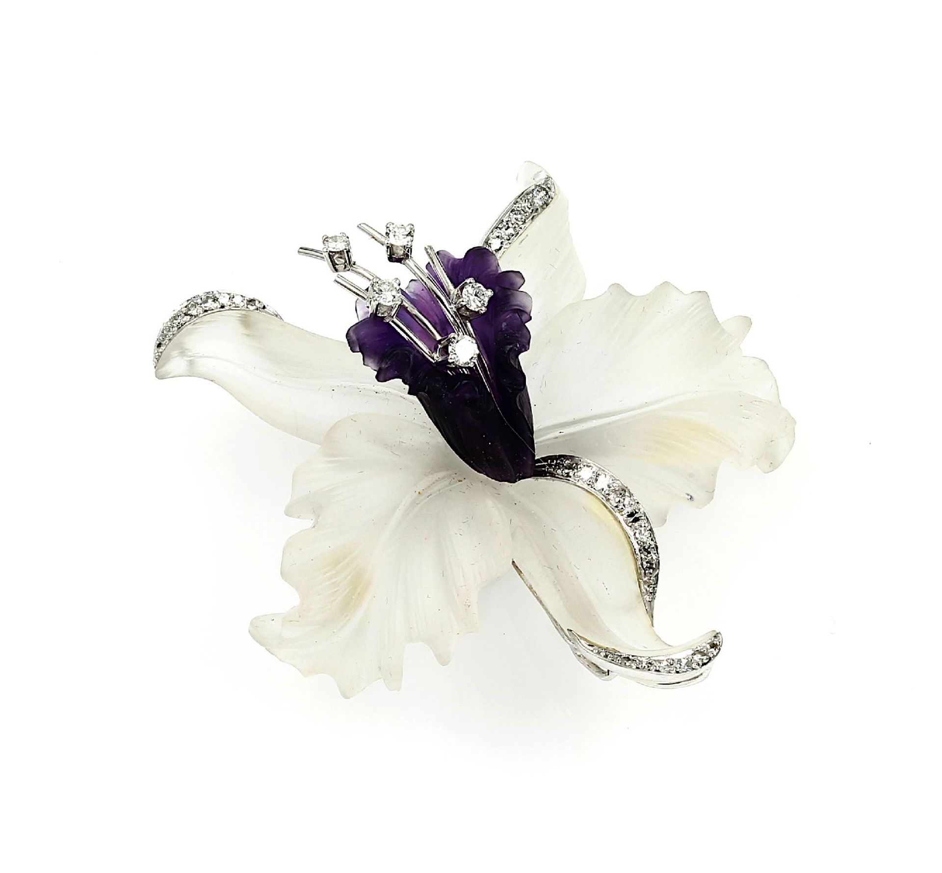 Blossombrooch with rock crystal, brilliants and amethyst , WG 750/000, naturalistic presentation,