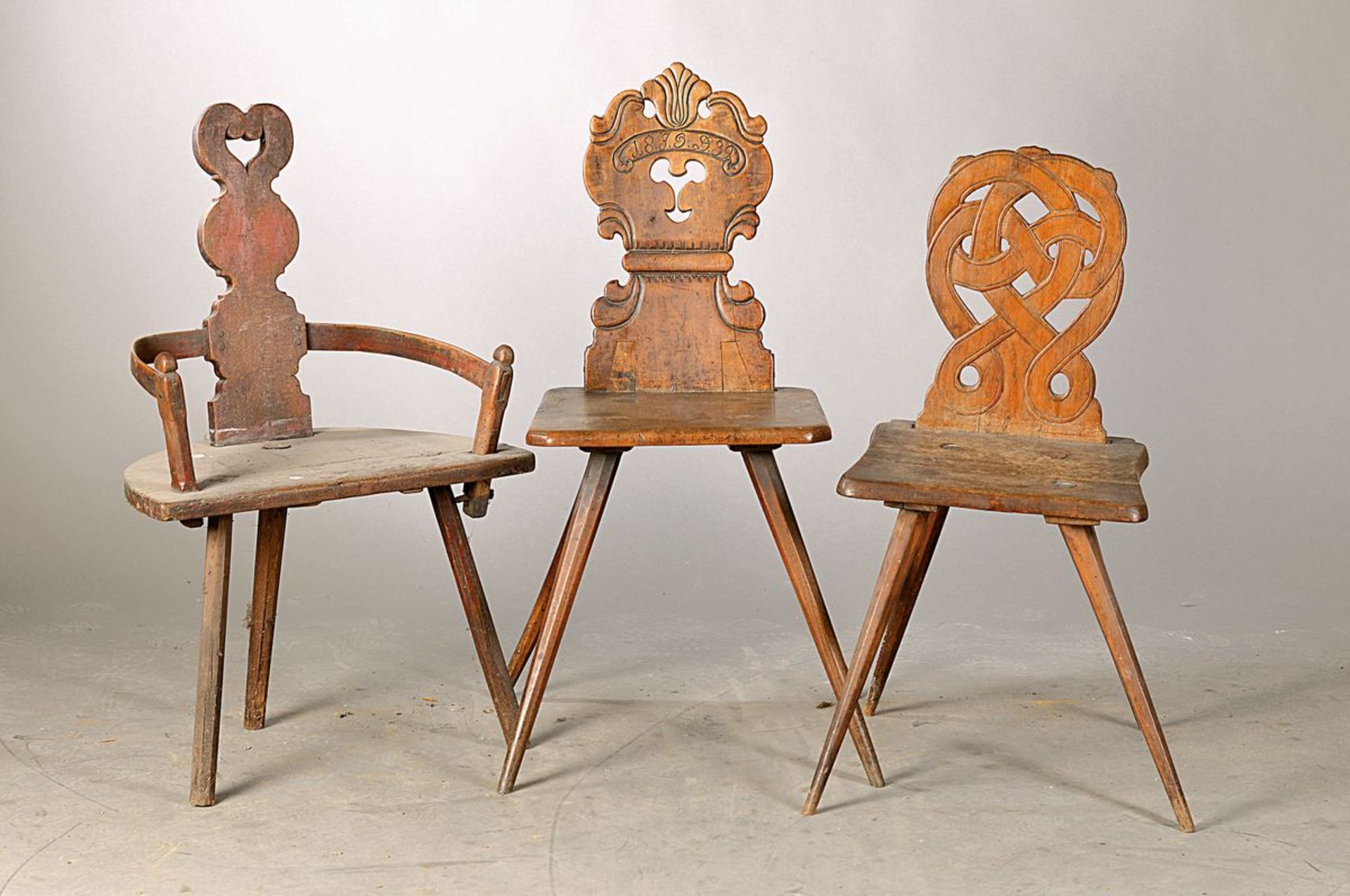 6 rural chairs, mostly Southern Germany, 1760 - 1840, 1 dated 1839, mostly walnut or oak, one