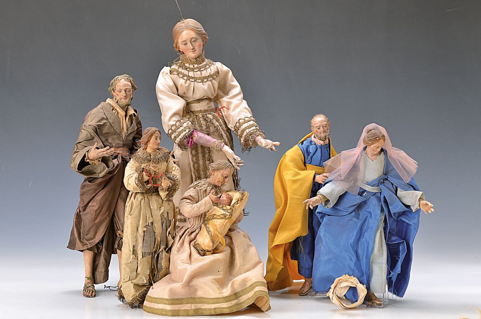 11 early crib figurines, probably Palatinate, around 1880-1900, ceramic, painted, body partly