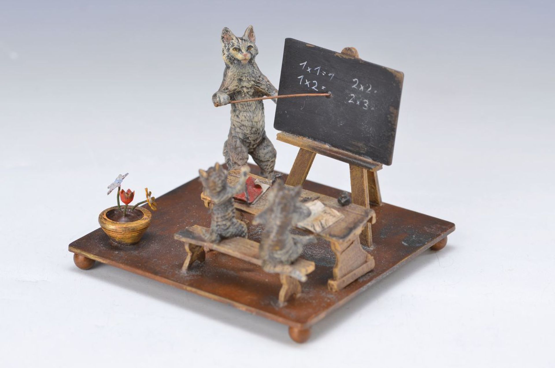 large Vienna Bronze, cats school, sign., teacher at the board and two students at a desk sitting,