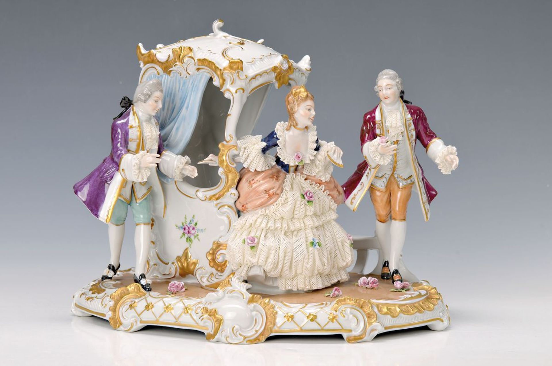 porcelain group, Unterweissbach, 20th c., Beldame with litter and Lackey, painted in bright