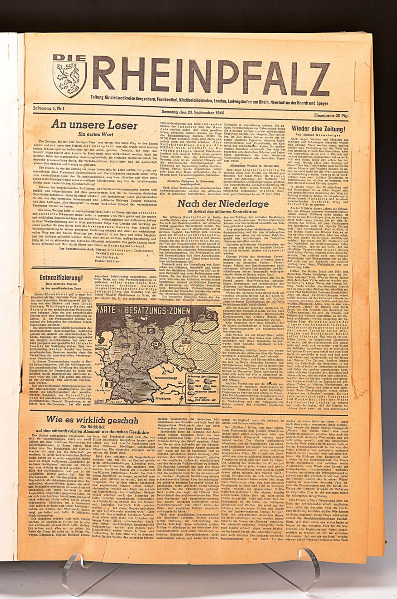 bound newspapers of the Palatinate: first issue of the Rheinpfalz, 29.September 1945, edition 1- - Image 3 of 3