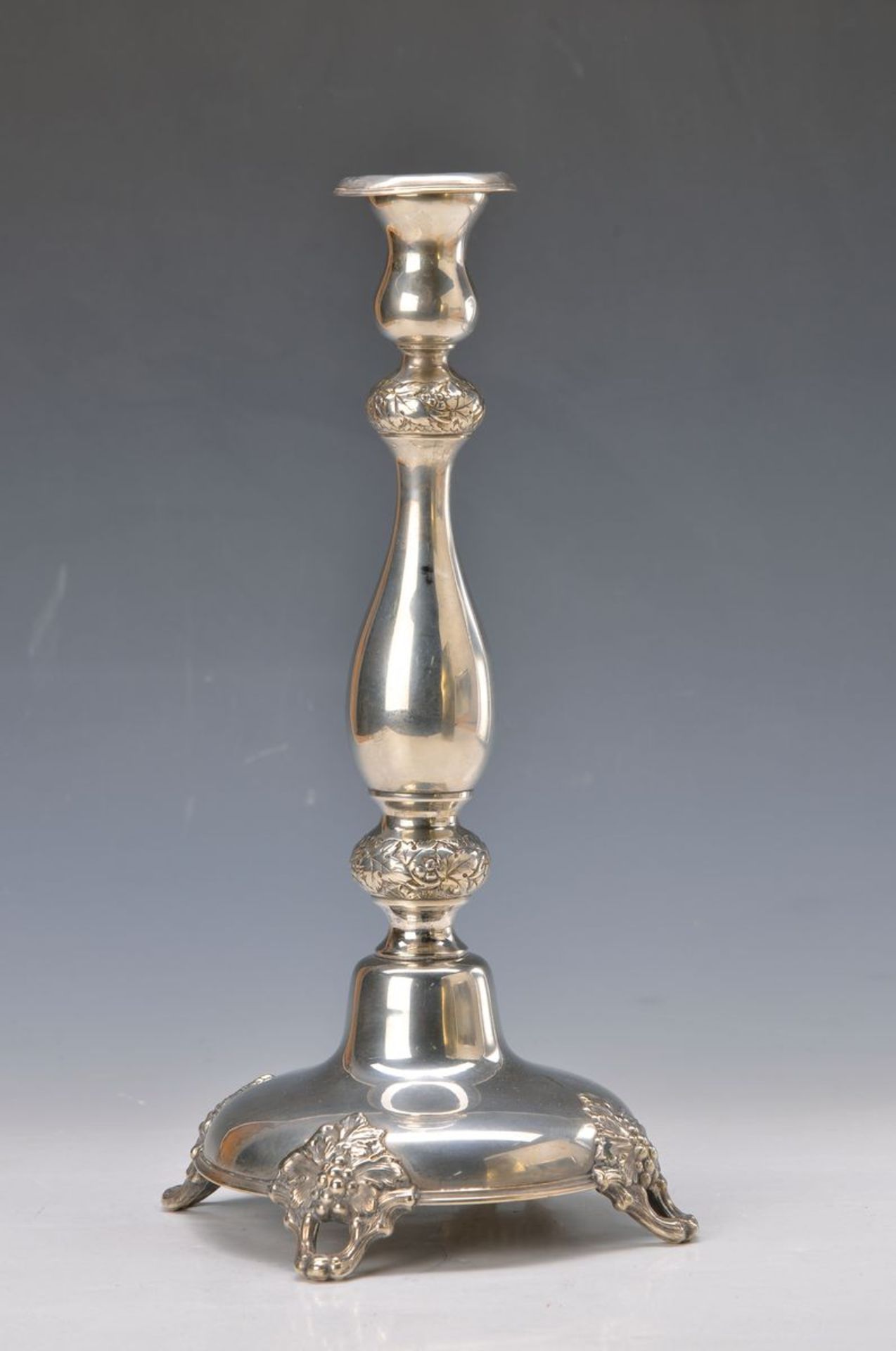 candlestick, silver, around 1840, with vine leaf décor, approx. 36.5 cm, slightly dented, approx.