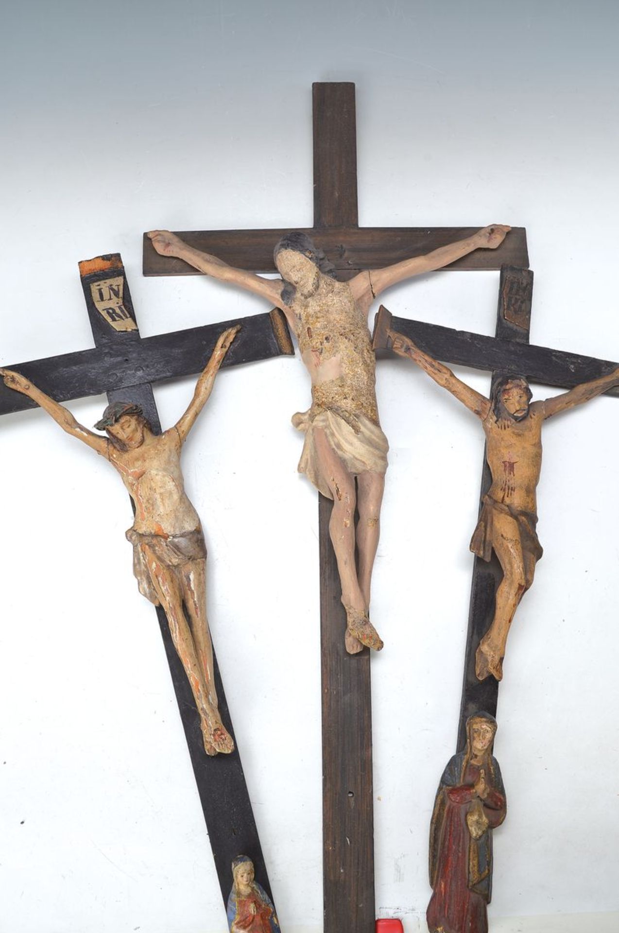 5 crucifixes, Southern Germany, 18. th c. and around 1800, basswood carved, partly with Mother of