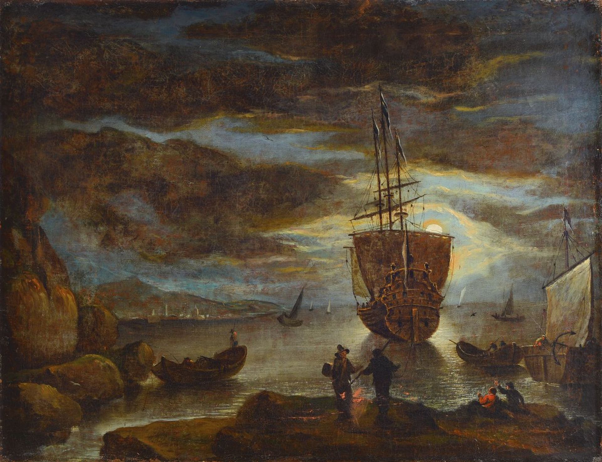 Unidentified artist, probably Belgium, 18th C., full moon night, sailing ship on the shore, oil /