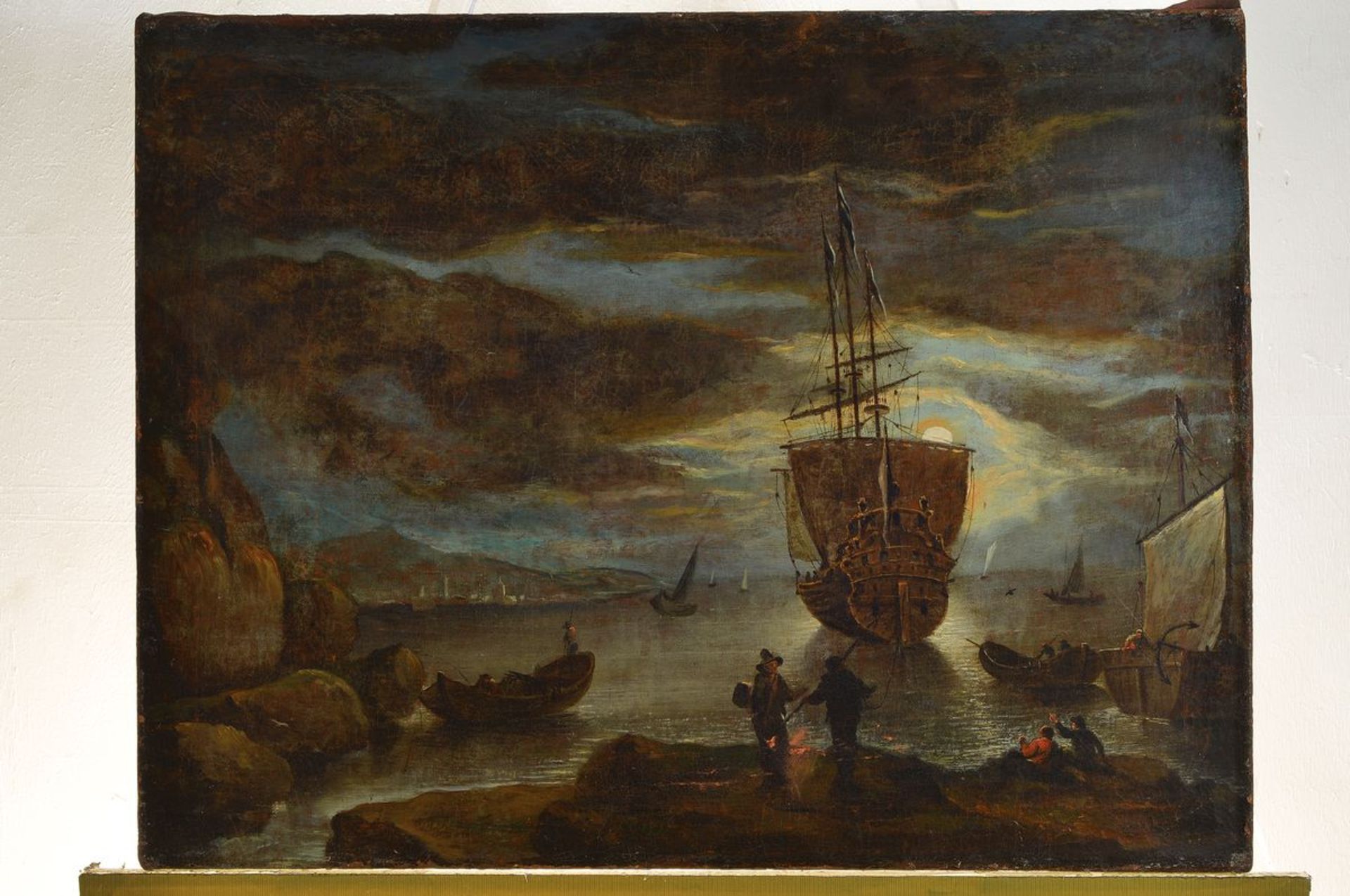 Unidentified artist, probably Belgium, 18th C., full moon night, sailing ship on the shore, oil / - Bild 2 aus 2