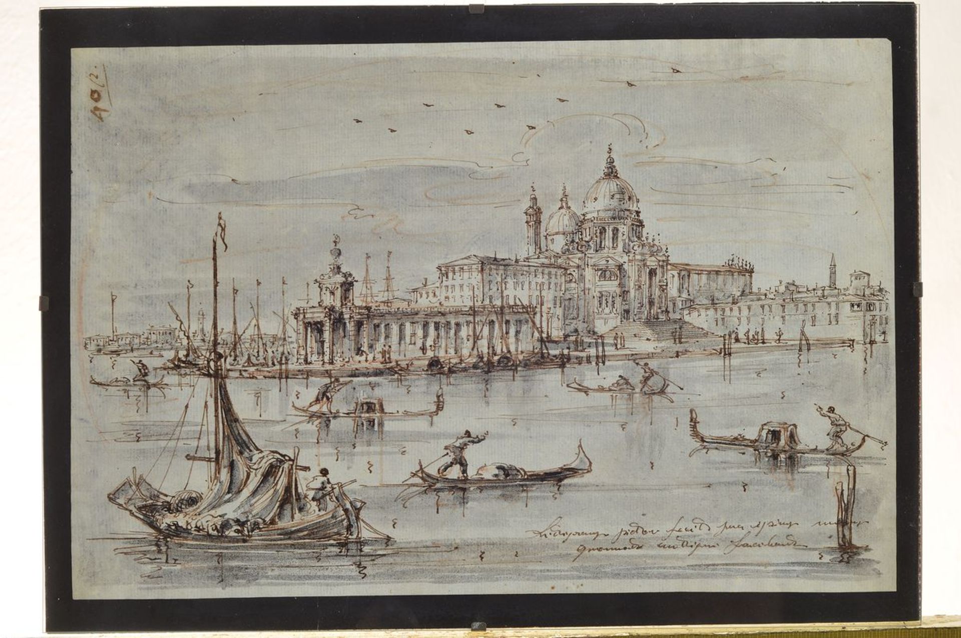 3 wash pen and ink drawings, 18th C., two views from Venice approx. 18x28cm and 20x29cm,farmstead on - Image 6 of 6