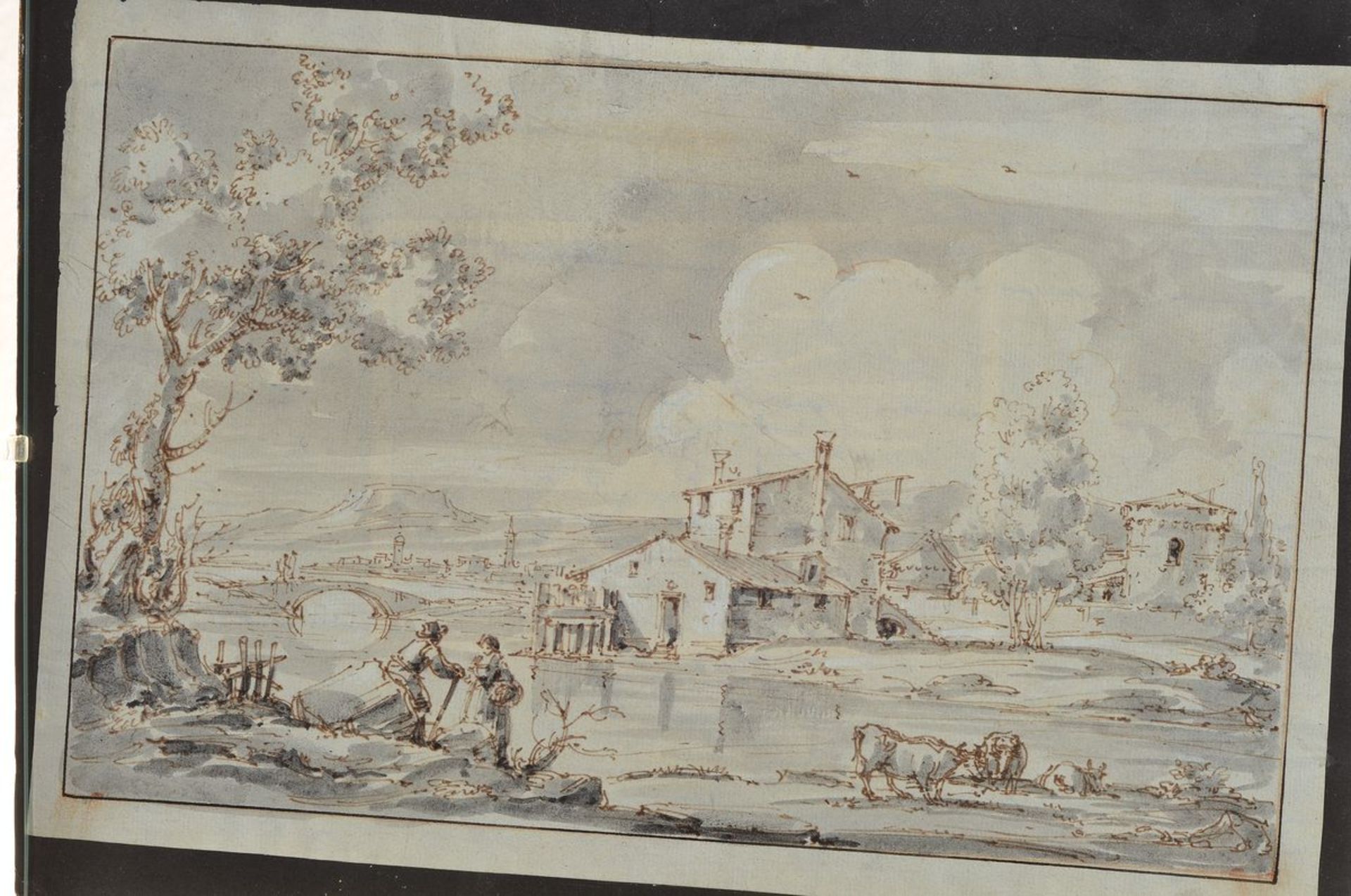 3 wash pen and ink drawings, 18th C., two views from Venice approx. 18x28cm and 20x29cm,farmstead on - Image 5 of 6