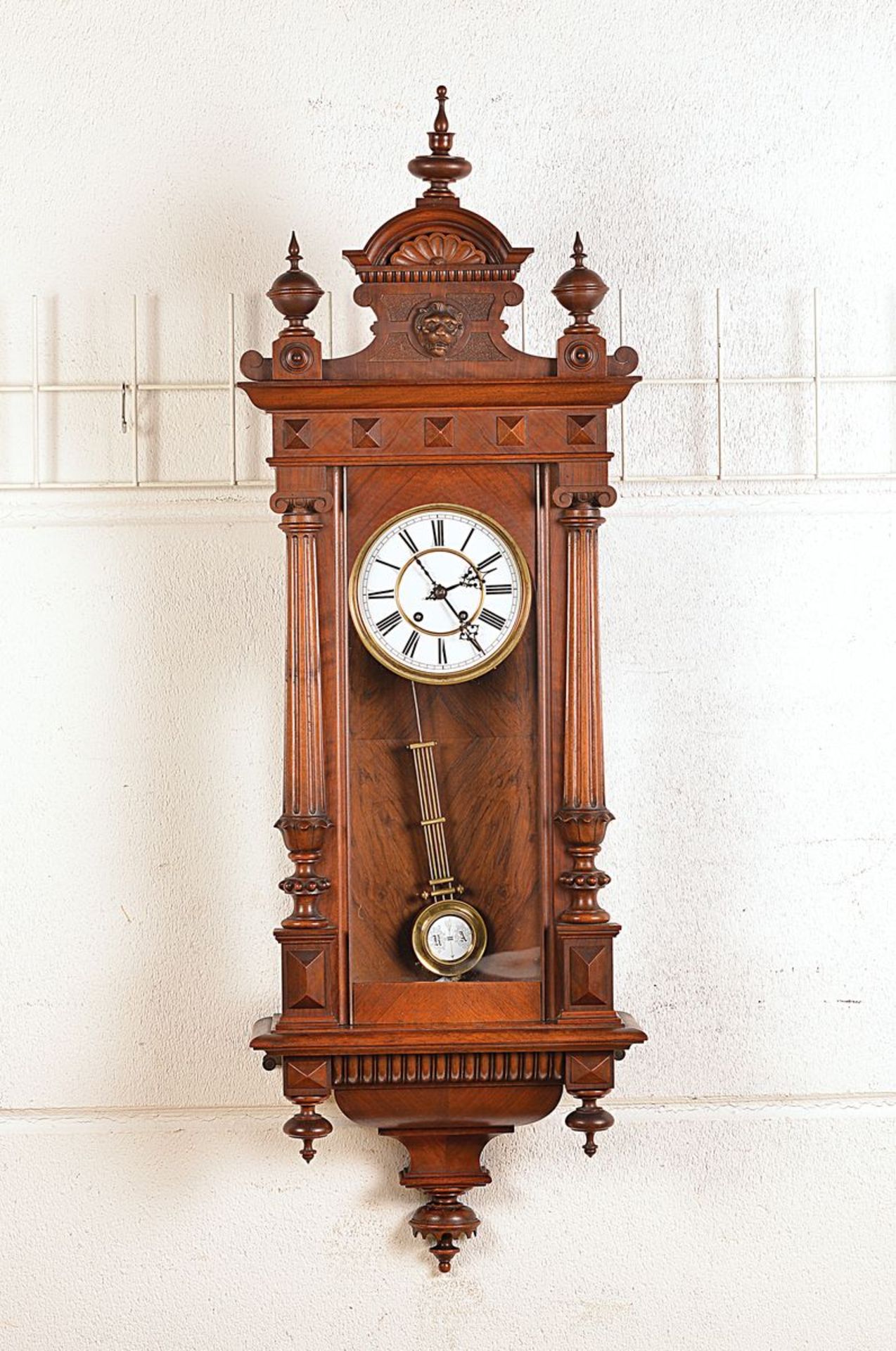 wall clock, Lenzkirch, around 1898, historism, decorated wood housing, orig. top, glazed on three