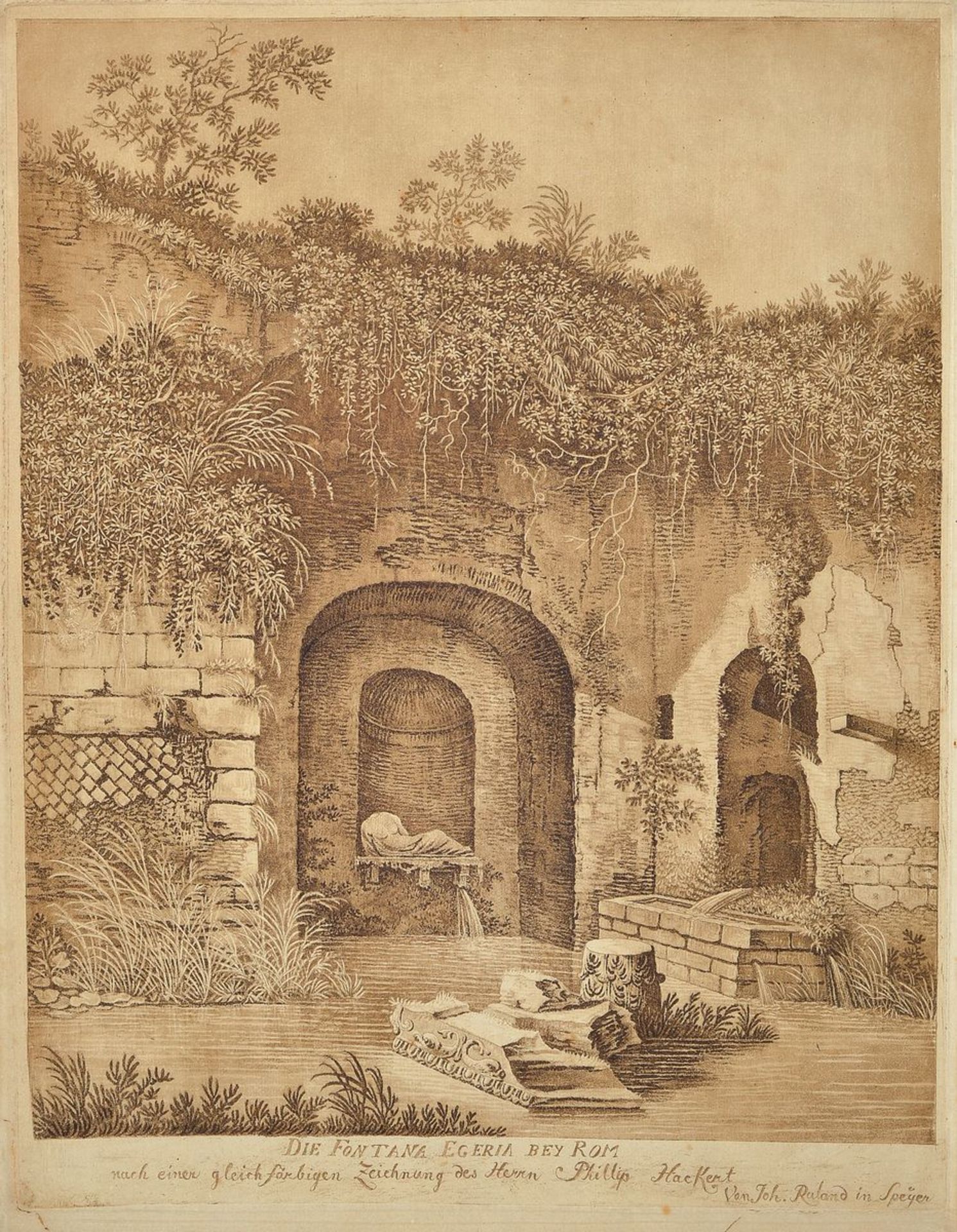 Johannes Ruland, 1744-1830 Speyer, Fontana Egeria near Rome, sepia drawing on paper, inscribed: