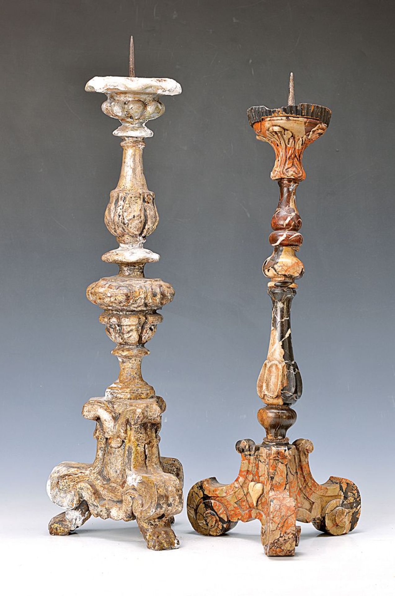 two candlesticks, Italy, 1730-1760, marble candlestick, decorated with acanthus leaf, rococo