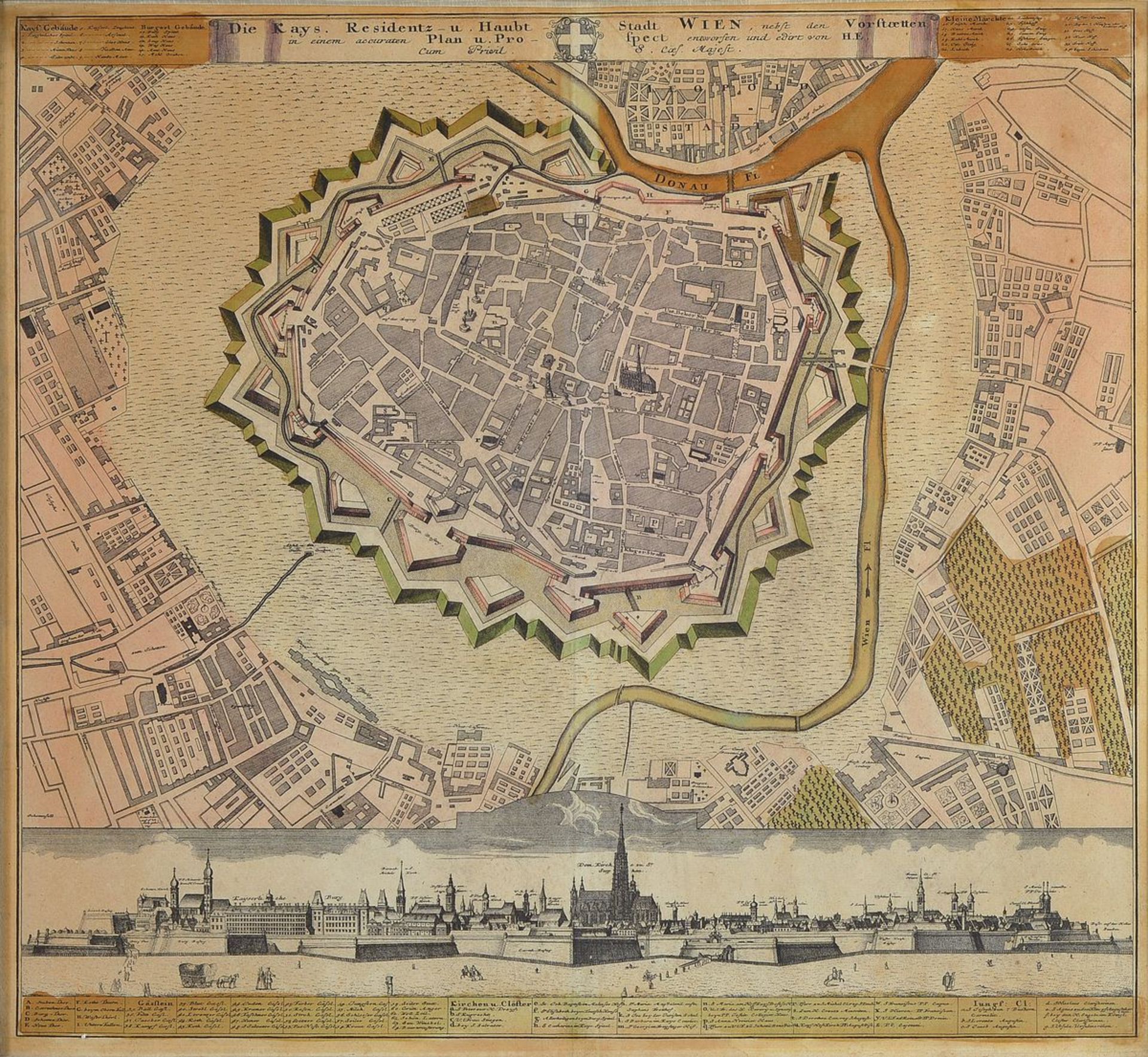 Original map, around 1730, Vienna from above, old colored, tanned, smoothed crease, approx. 50x55cm,