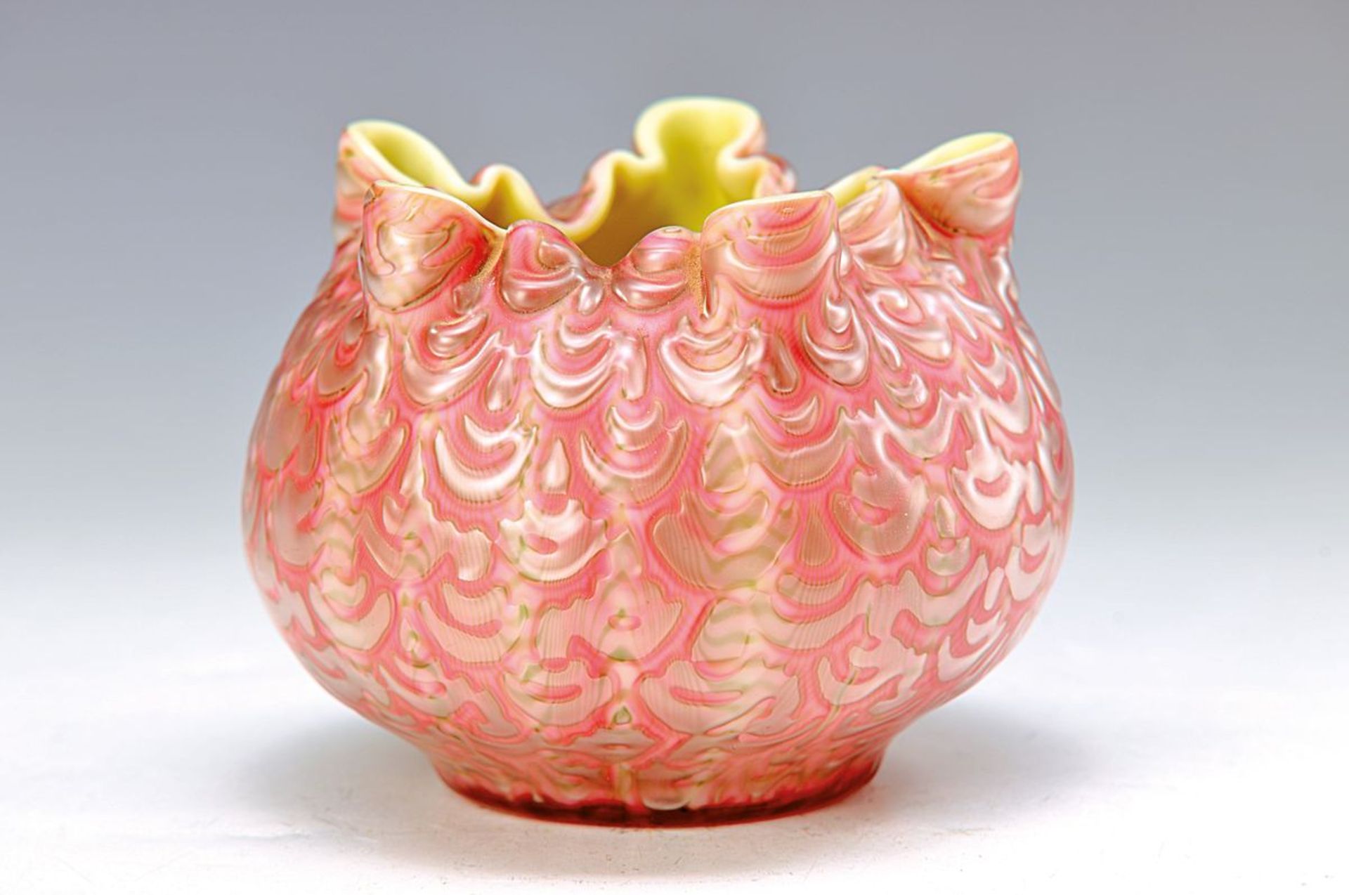 vase, Austria, around 1905-10, opaque-yellow inside, rose overlay with melted waves, iridescent,