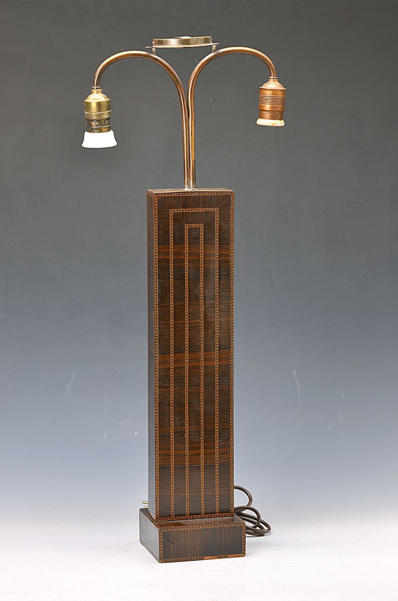 lamp, German, around 1920, palisander veneer with maple ribbon marquetries, two focal points, partly