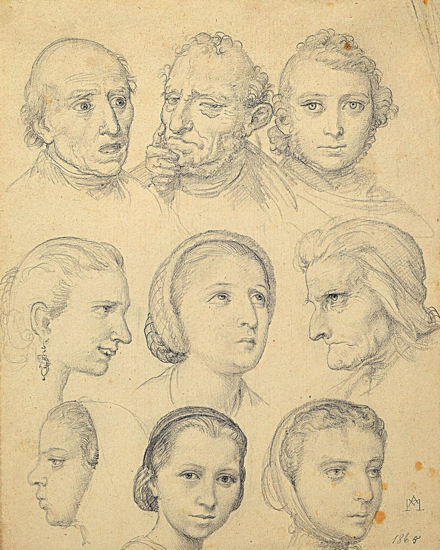 Andreas Müller, 1831-1901, student of Schraudolph, here: two sketch sheets with head studies, pencil