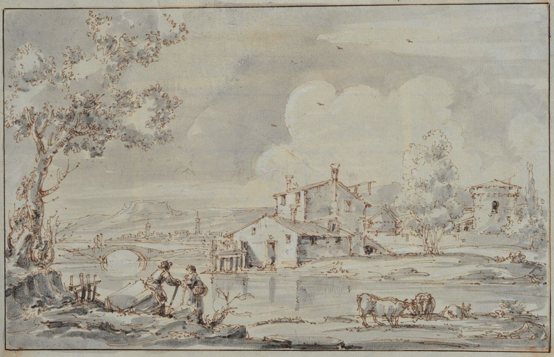 3 wash pen and ink drawings, 18th C., two views from Venice approx. 18x28cm and 20x29cm,farmstead on - Image 2 of 6