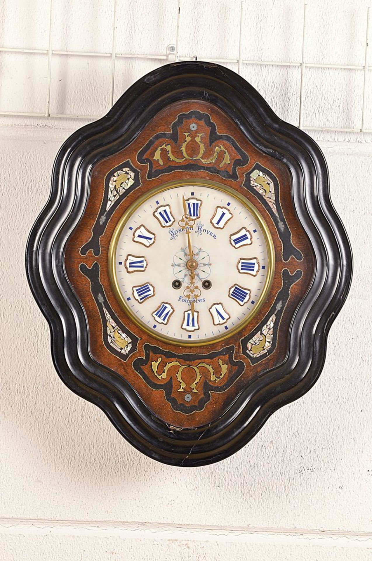 wall clock, France, around 1880, corrugated wooden frame, mother of pearl inlays, with ancient