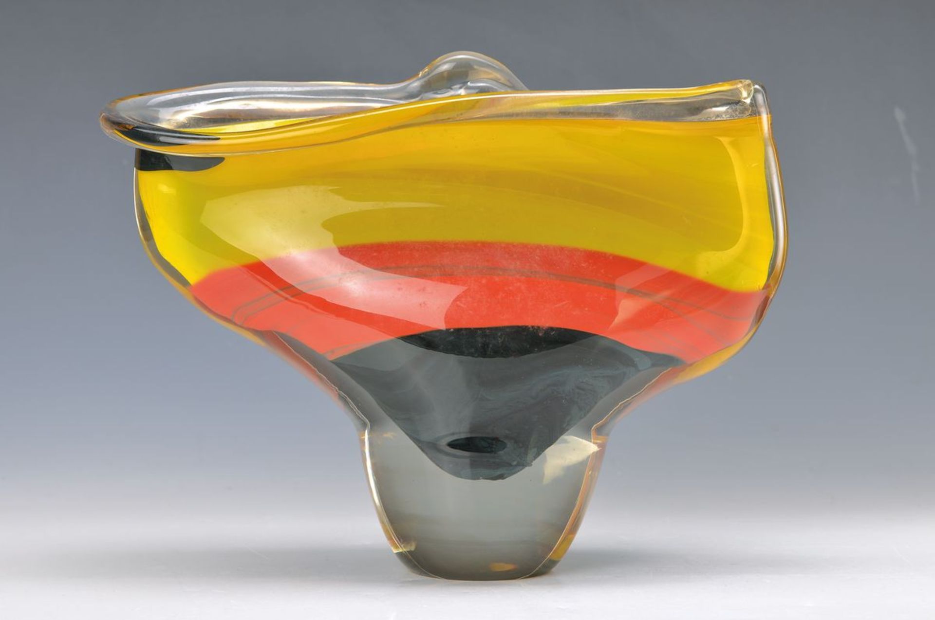 vase, Murano Italy, 1970s, thick-walled blown glass with inside in yellow, red and black opaque,
