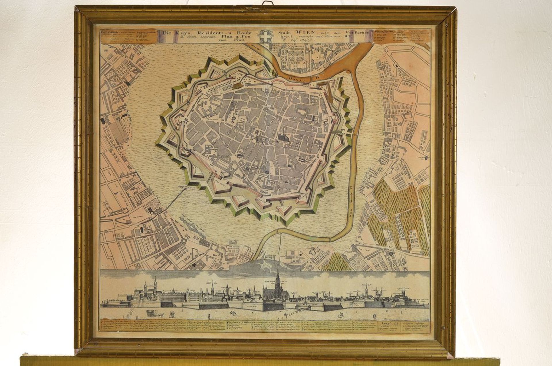 Original map, around 1730, Vienna from above, old colored, tanned, smoothed crease, approx. 50x55cm, - Image 2 of 2