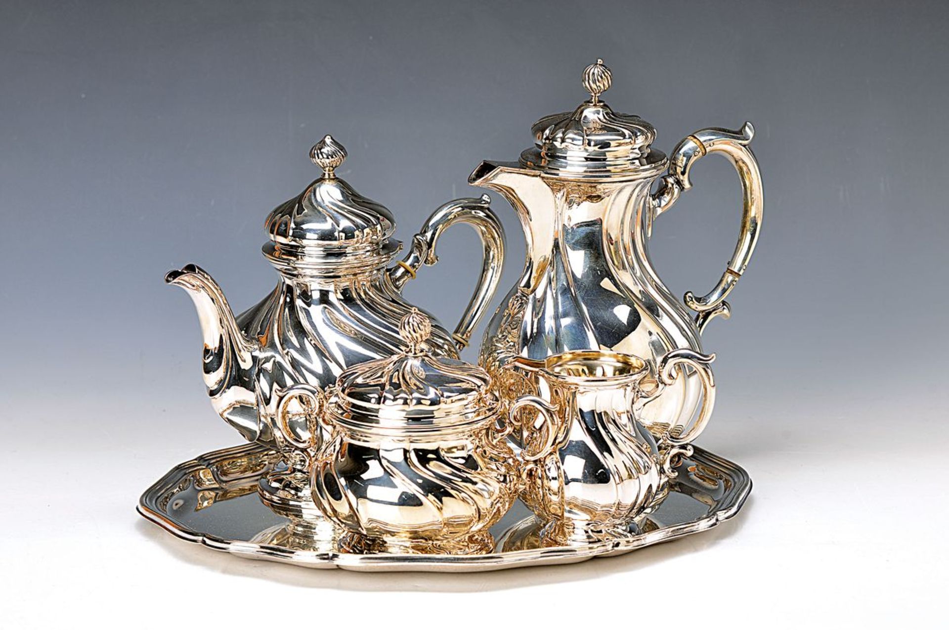 coffee and tea set, German, 20th c, 800 silver, Baroque style, in itself twisted, coffee pot, tea