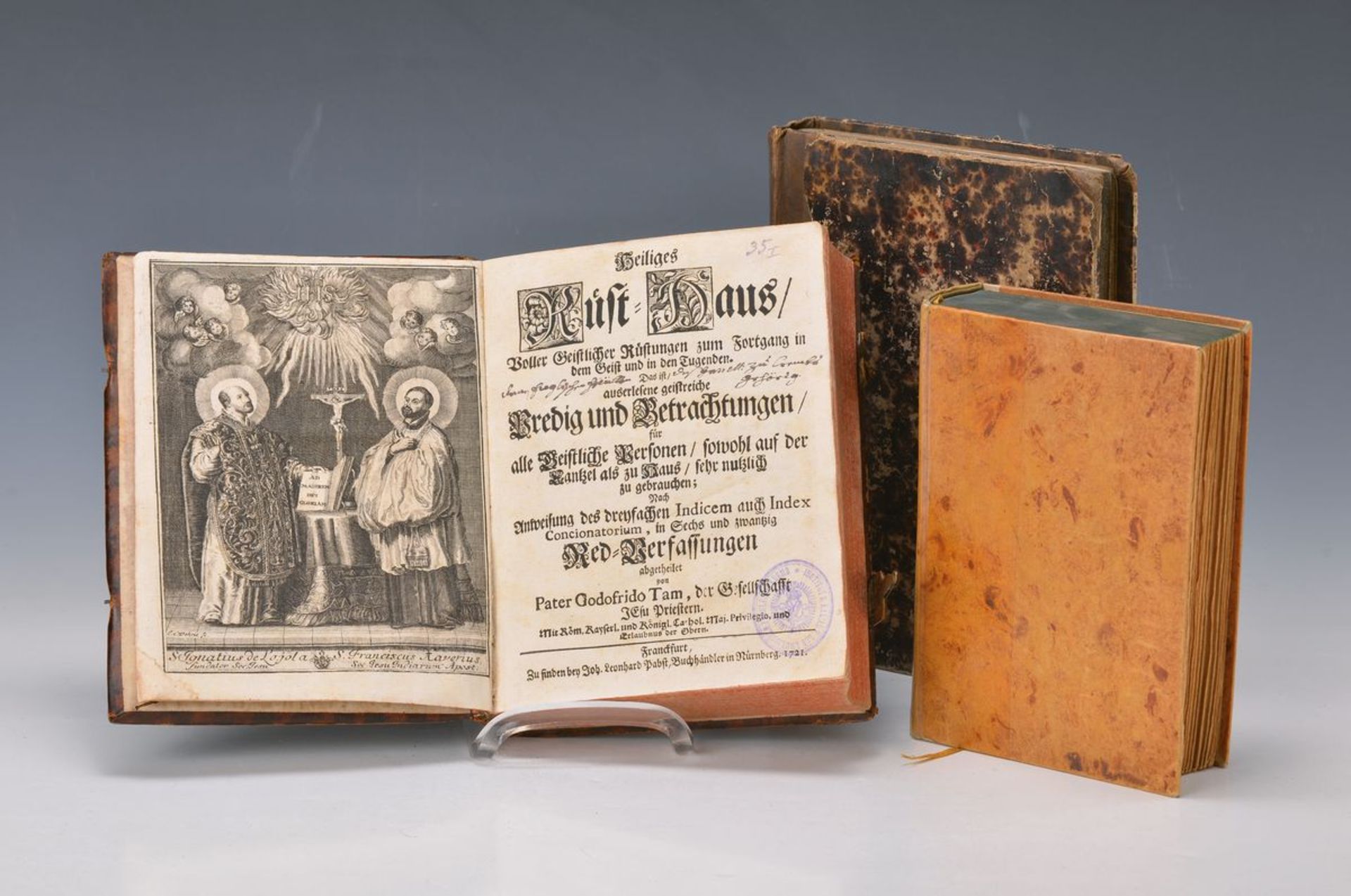 3 Christian books: Bilderbibel Johann Ulrich Krauster, Anno 1702, stronger damaged and repaired,