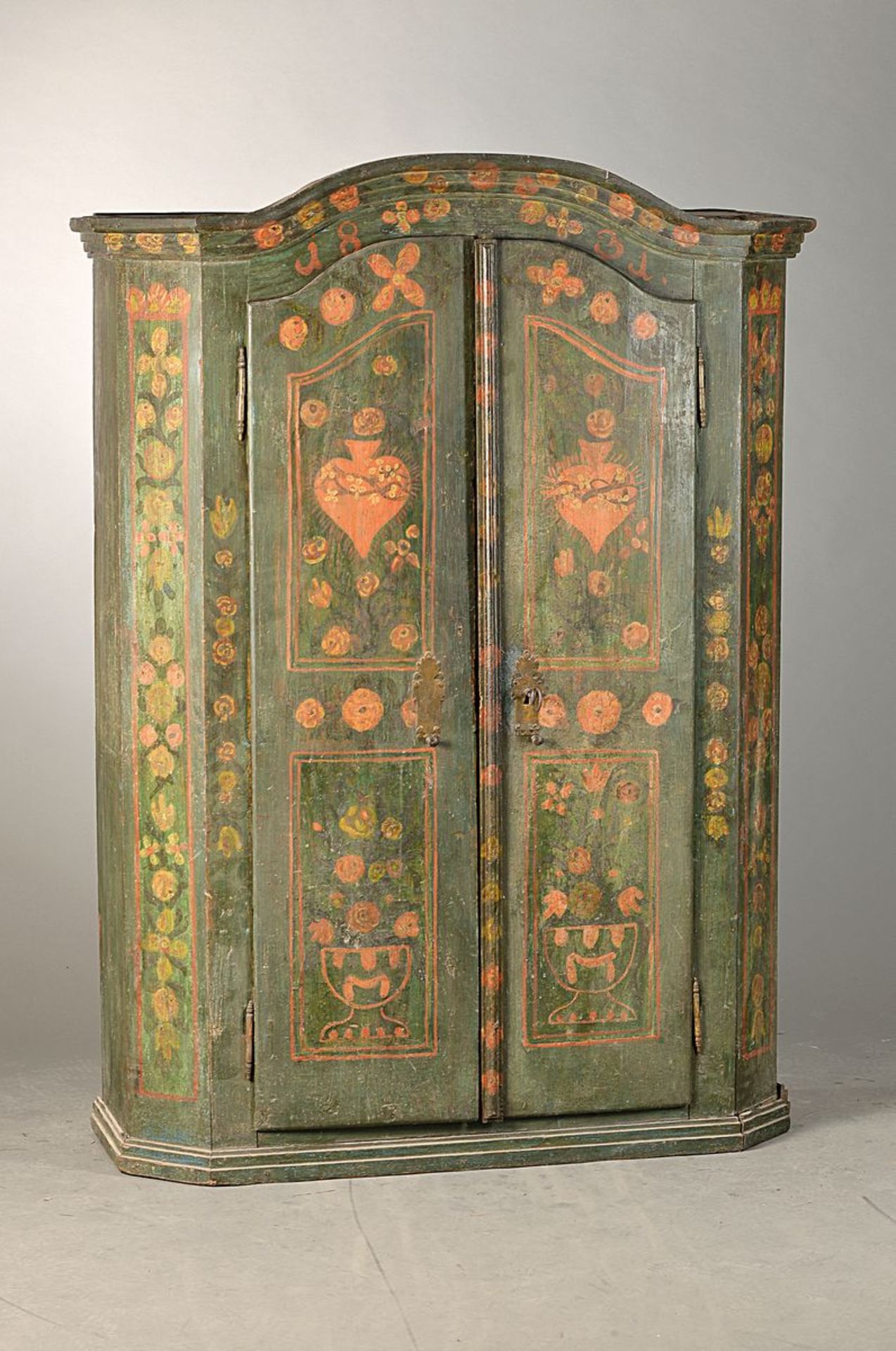 rural wedding cupboard, probably Landshut, dated 1831, Sacred Heart and flowers in vases,feet partly