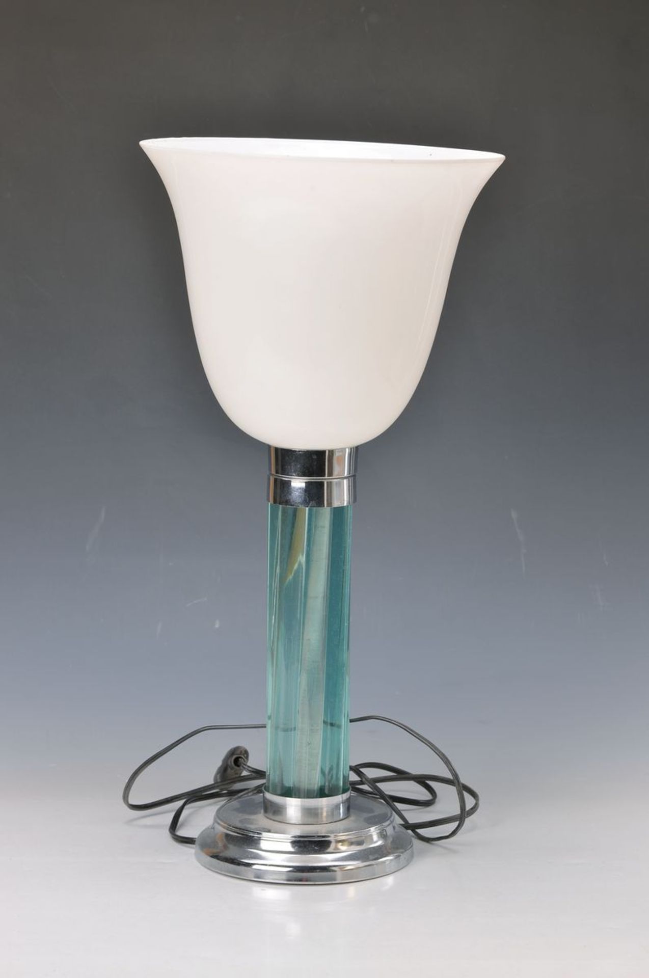 table lamp, France, around 1940, stem green glass, after opaline glass shade, one focal point,