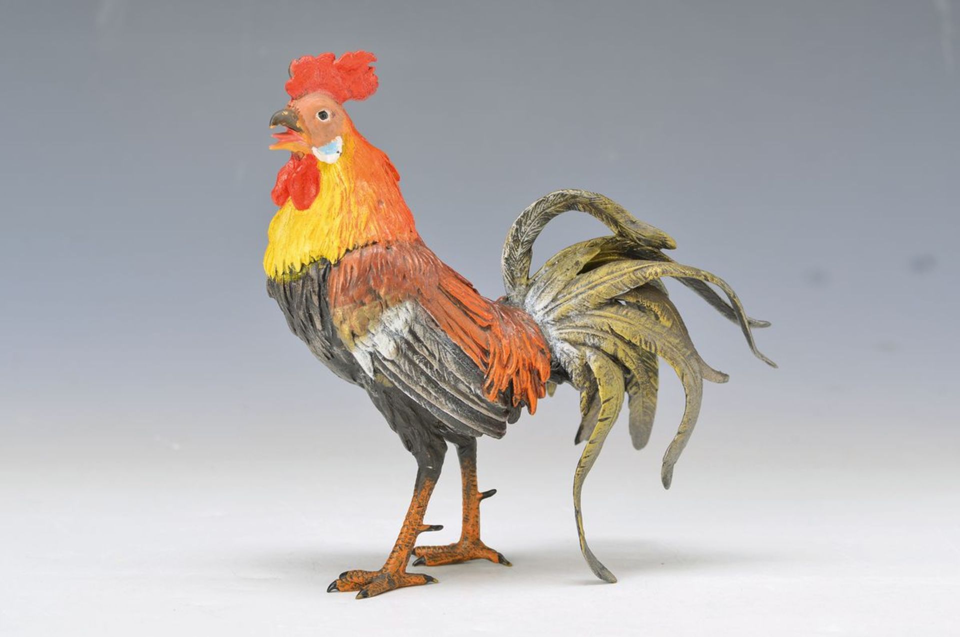 Large Vienna Bronze, pacing cock, naturalisticrepresentation, H.approx. 18.5 cm, multi- colored