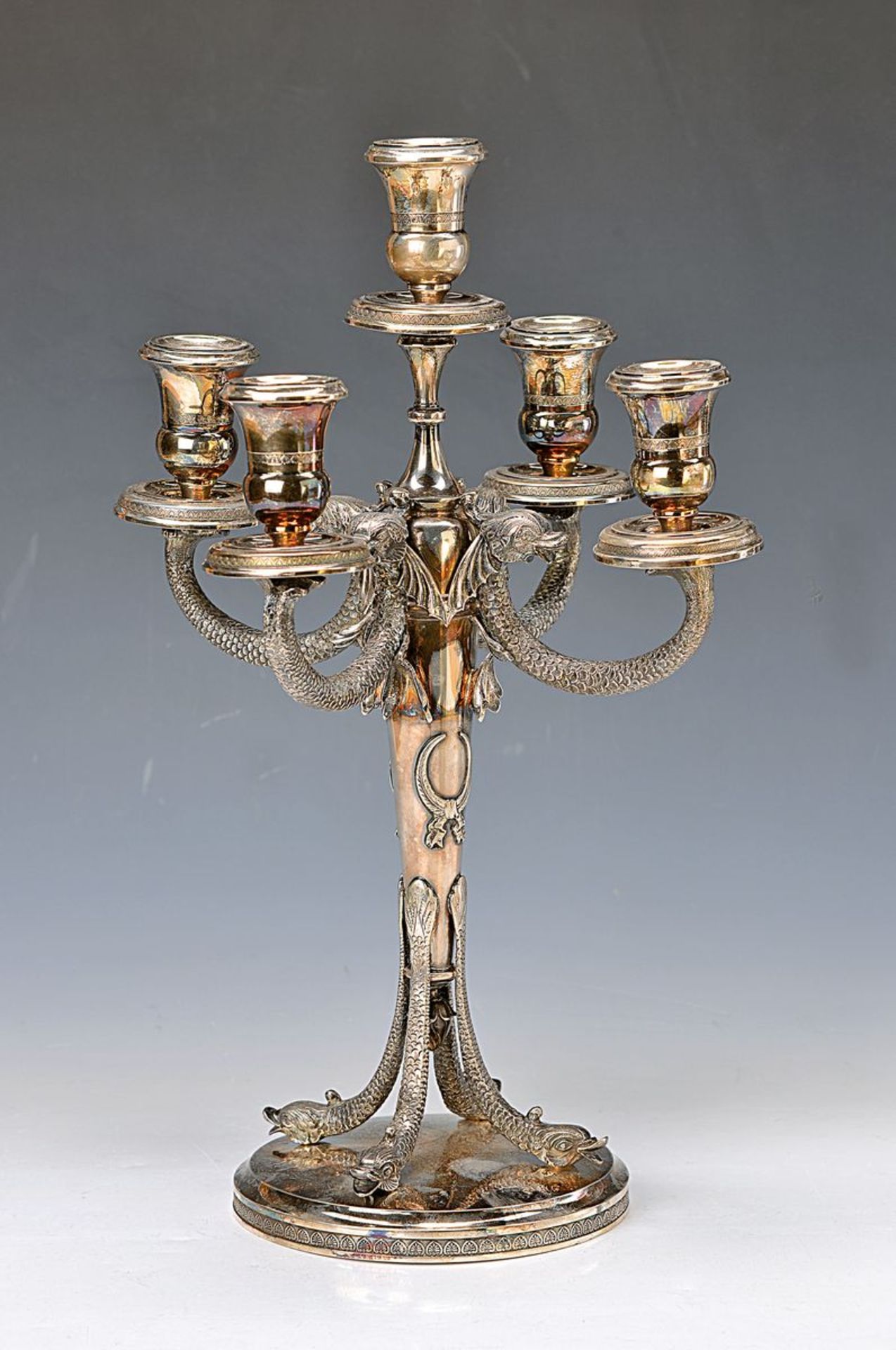 candlesticks, Brussels, around 1900, 925 silver, foot and arms in shape of fishes, 5 focal points,