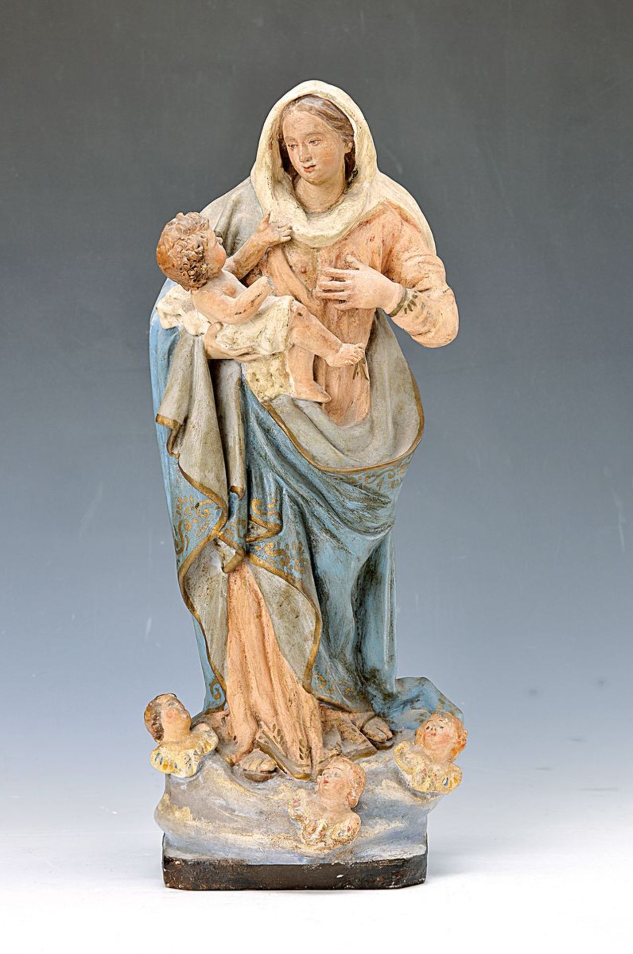 Madonna with child, Southern Germany, around 1880, wood/mass, polychrome painted, on pedestal with