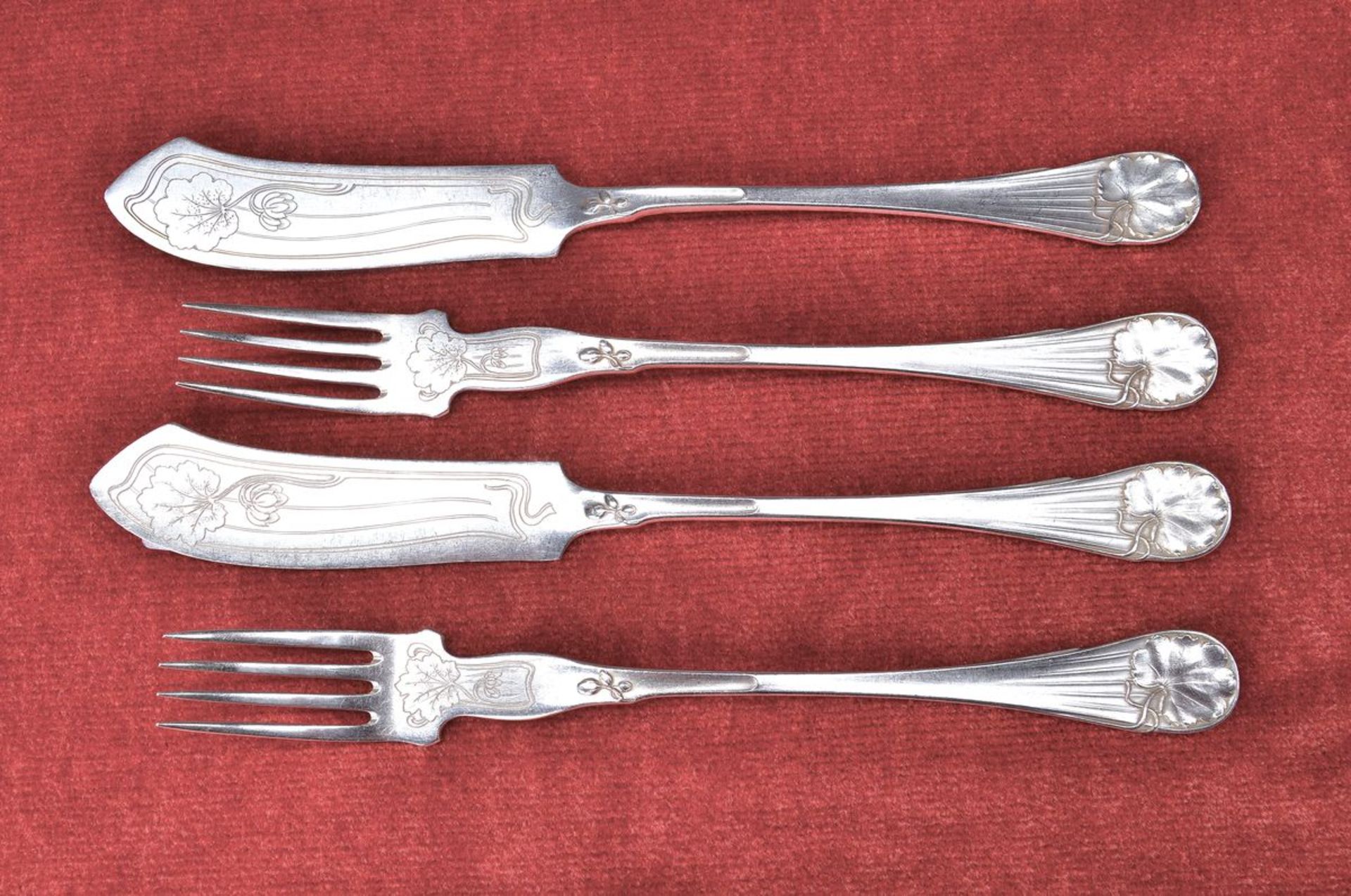 fish cutlery, Krupp Berndorf, around 1900, silver plated metal, floral decor embossed andengraved, 6