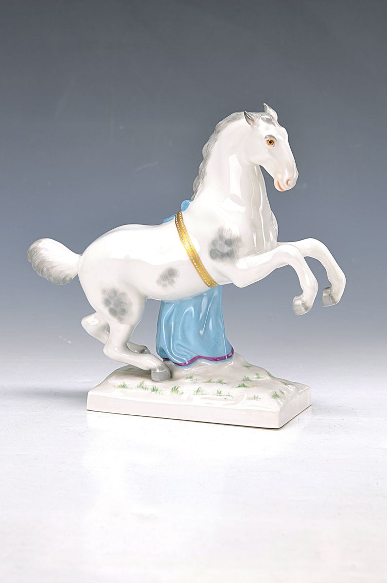 figurine, KPM Berlin, 20th c., rising grey horse, painted in bright colors, H. approx.