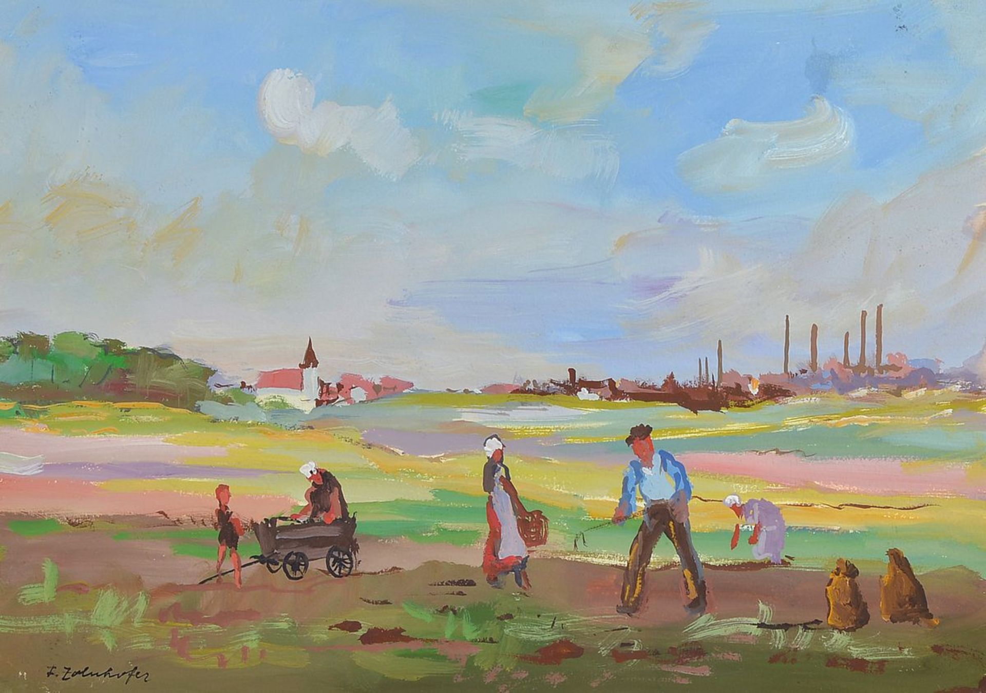 Fritz Zolnhofer, 1896 Wolfstein-1965 Saarbrücken, Harvest scene, in the background village and