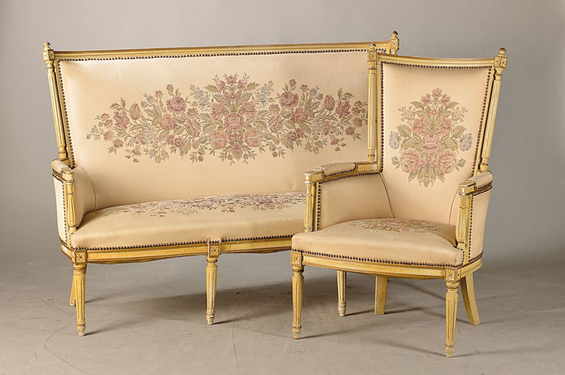 Salon group, Louis-Seize-style, around 1900, bench and two armchair, softwood light painted,
